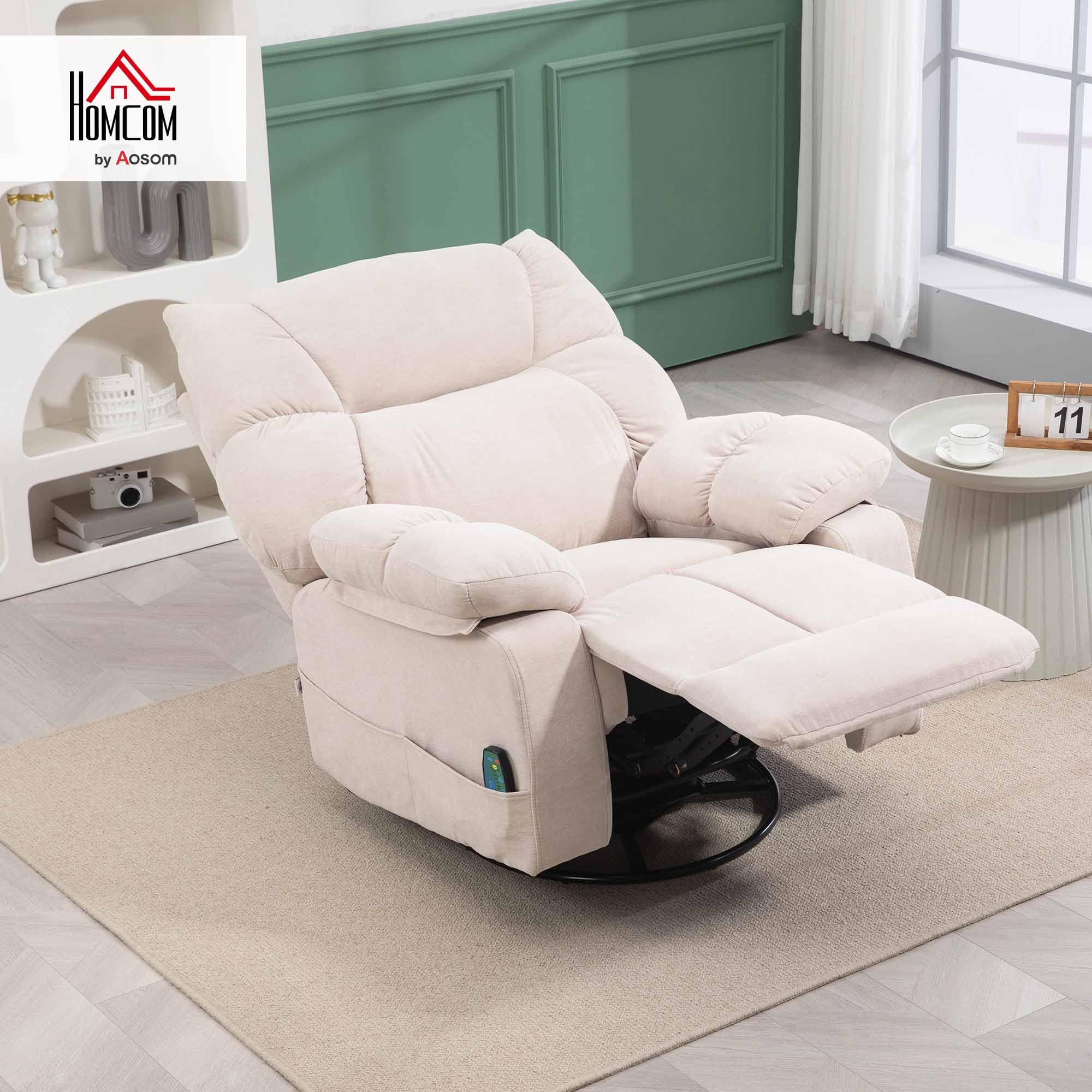 HOMCOM Relaxsessel mit Massagefunktion und 8 Vibrationspunkten, Beige | Fernsehsessel, Heizfunktion, Wippfunktion, Drehbarer Liegesessel, Fernbedienung, Seitentasche, Kunstleder
