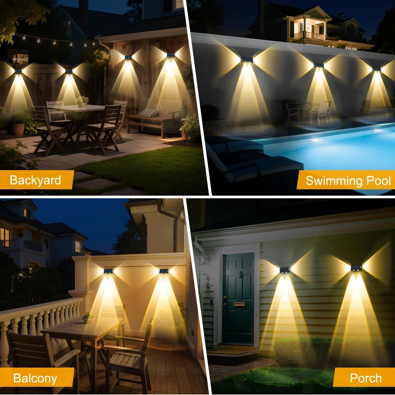 NATPOW Aplique Solar Pared Exterior, 4 Piezas Luz Solar Exterior Pared Blanco Cálido, Luces Pared Solar con Iluminación en Tres Direcciones, IP65 Impermeable para Patio, Valla, Porche, Garaje