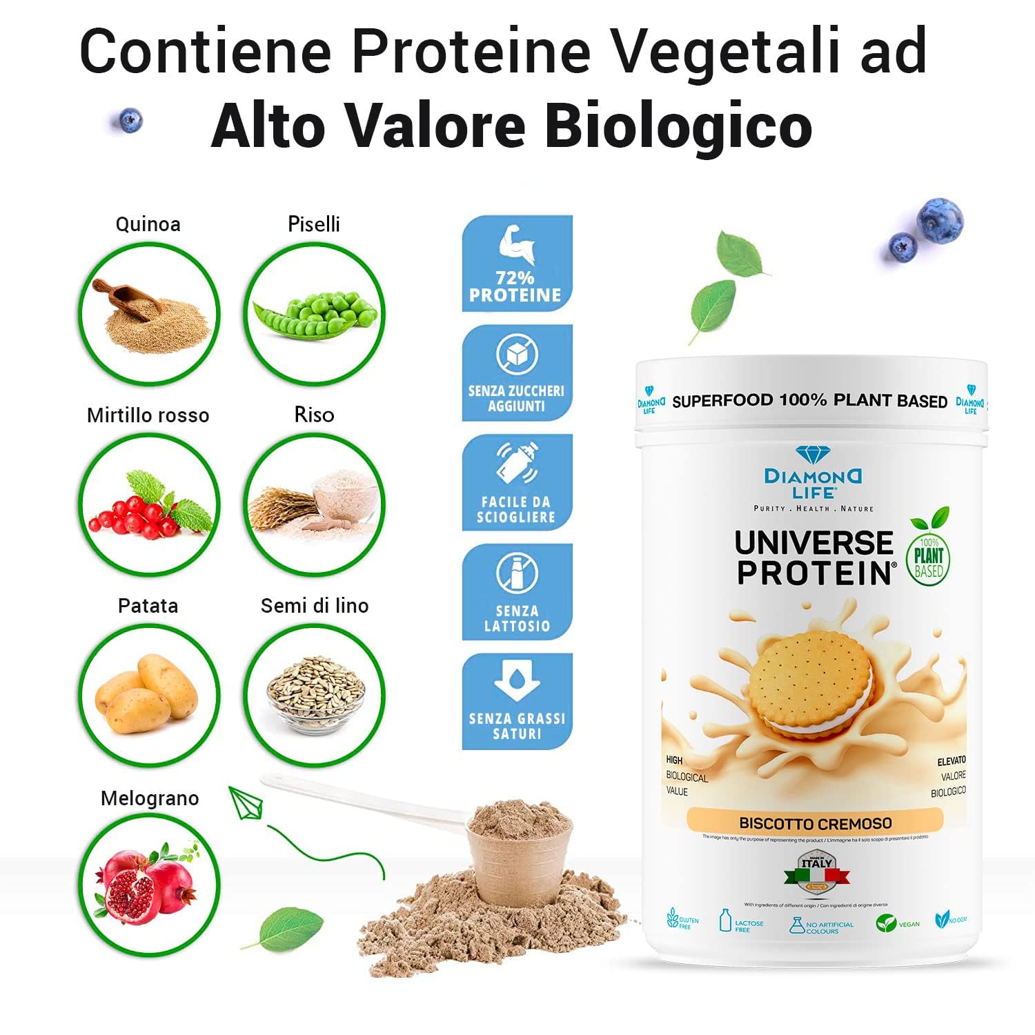 DIAMOND UNIVERSE PROTEIN - Proteine in Polvere Vegane (Pisello, Riso e Quinoa) 70% di Proteine ad Alto Assorbimento per Sforzo Fisico, Resistenza e Mass Gainer | Gluten Free (Biscotto Cremoso)