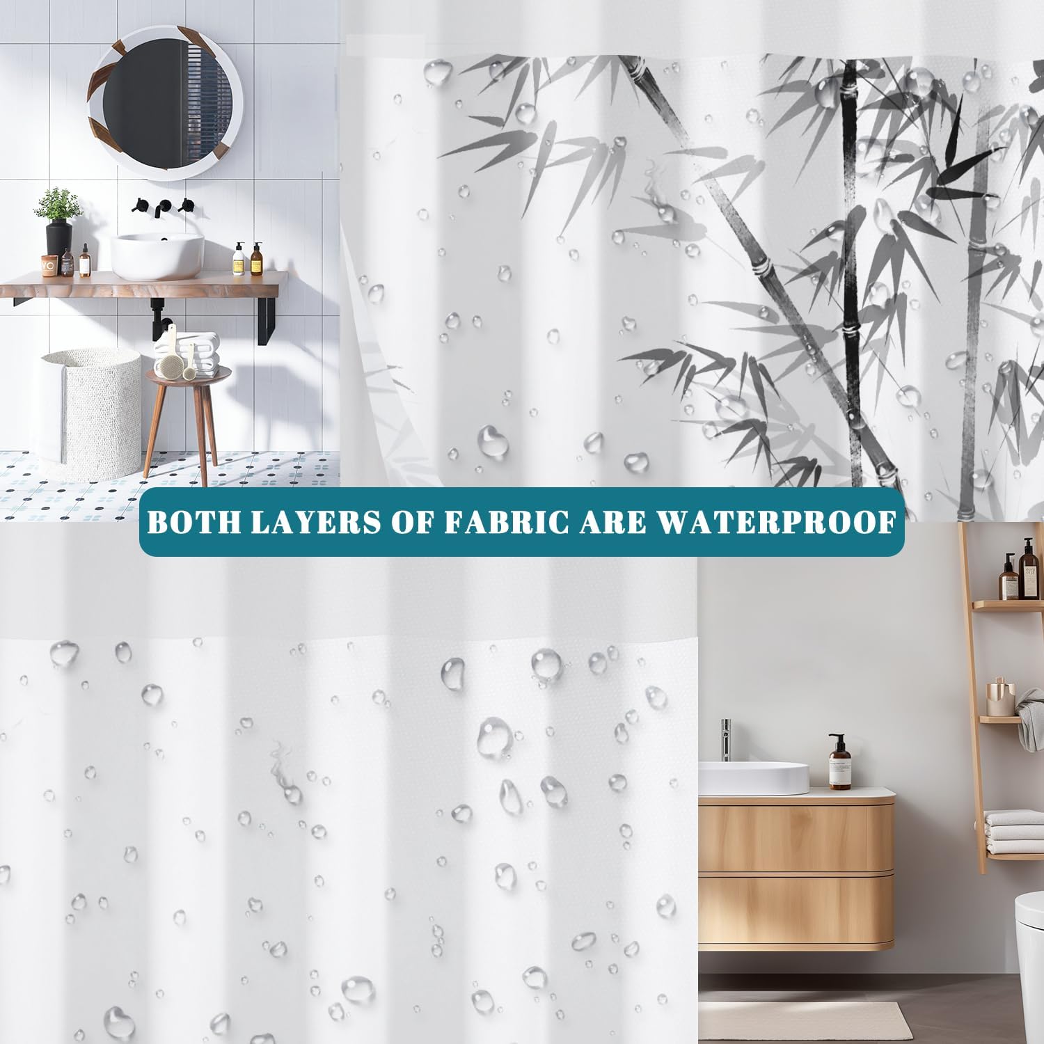 No Hook Shower Curtain and Snap in Liner Set, Black and White Ink Wash Bamboo Print Shower Curtains for Zen Minimalist Japandi Spa Bathroom, Waterproof Bath Curtain with Mesh Top, 71x74 Inch