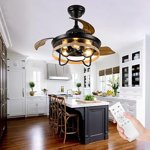 Miniatura 1 de 36'' Retractable Ceiling Fans with Lights and Remote, Farmhouse Caged Ceiling Fan with Light, Black Invisible Ceiling Fan, Outdoor Ceiling Fan for