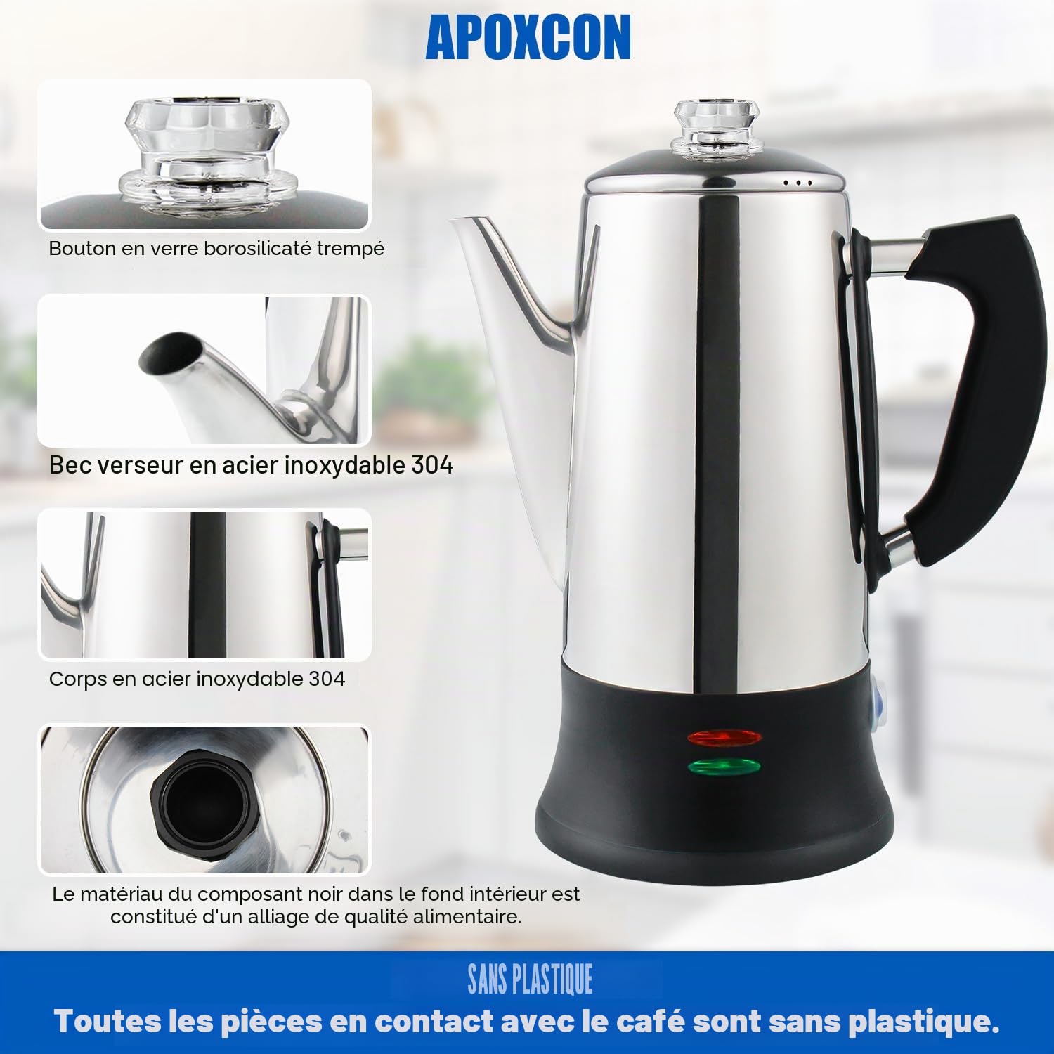 APOXCON Percolateur à café 12 tasses - Certifiée CE, cafetière classique avec fonction de service sans fil et couvercle résistant à la chaleur, Fonction de Maintien au Chaud 30 Min