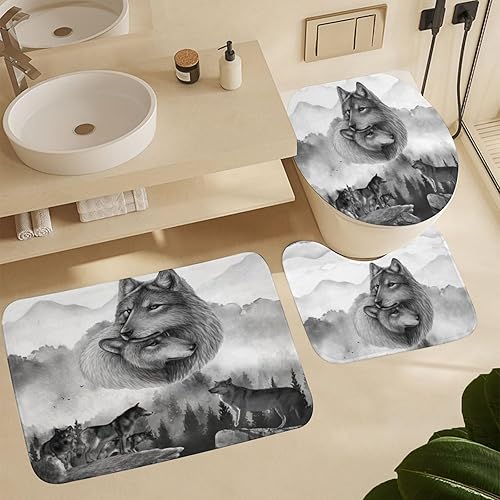 Miniatura 6 de Juego de cortinas de ducha para baño, diseño de lobo y vida silvestre, diseño de lobo brumoso, 3D, antideslizante, impermeable, tapete para inodoro,