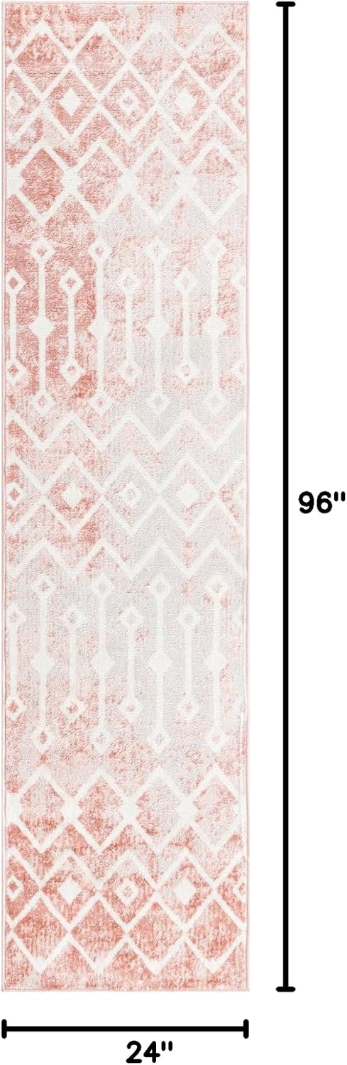 Rugs.com Bohemian Trellis Collection Rug – 8 Ft Runner Dusty Rose Low Rug Perfect for Hallways, Entryways