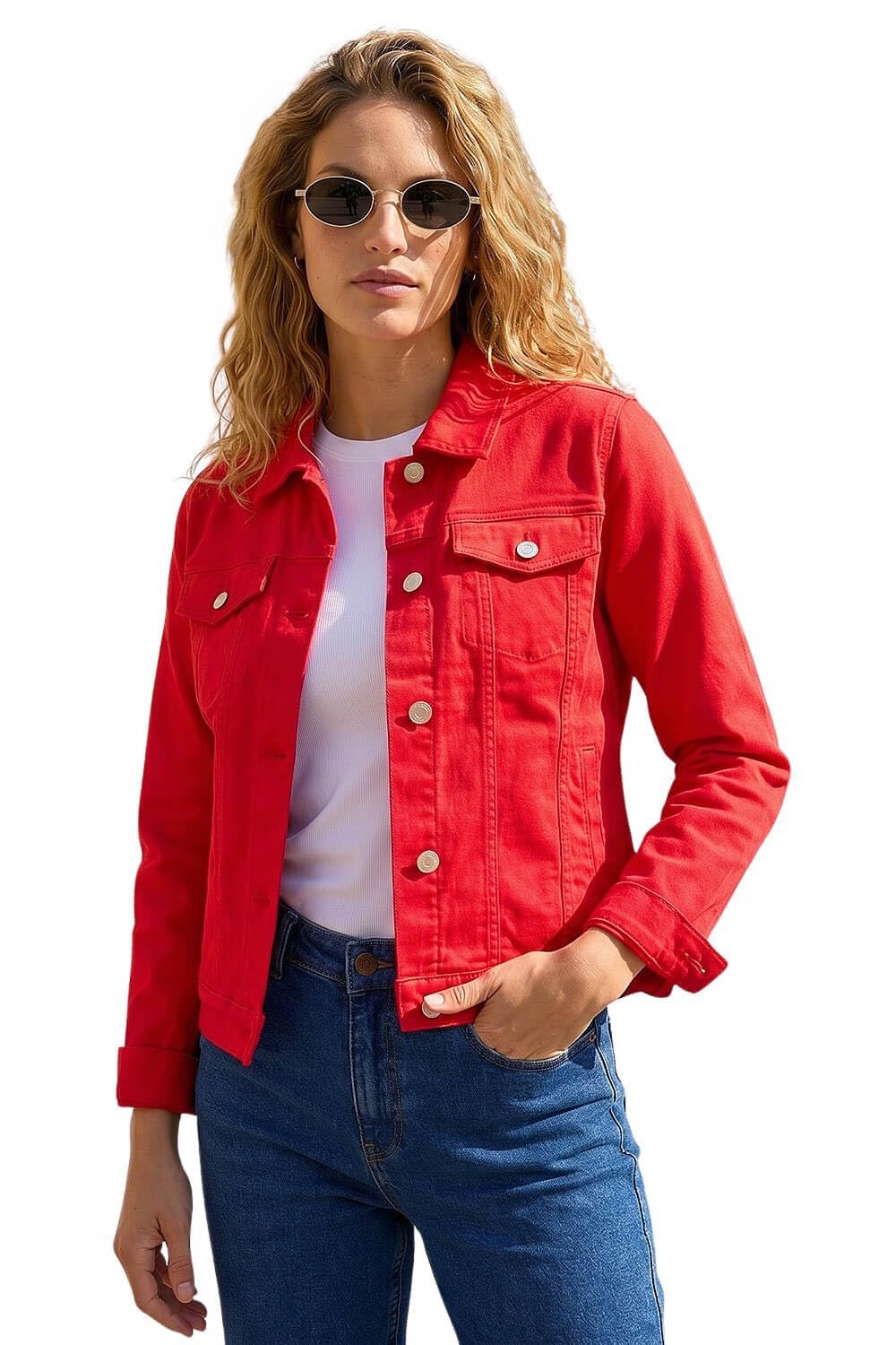 Roman Originals Stretch Jacket for Women UK - Ladies Denim Jean Summer Coat Bengaline Casual Smart Utility Trucker Biker Fitted Classic Work Spring Soft Vintage - Red - Size 10