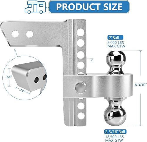Miniatura 3 de Enganche de Remolque Ajustable - Enganche de Caída de Aluminio Tlvuvmo (Se Adapta a Receptor de 2.5''), CaídaElevación de 8 Pulgadas, 18,500 LBS GTW