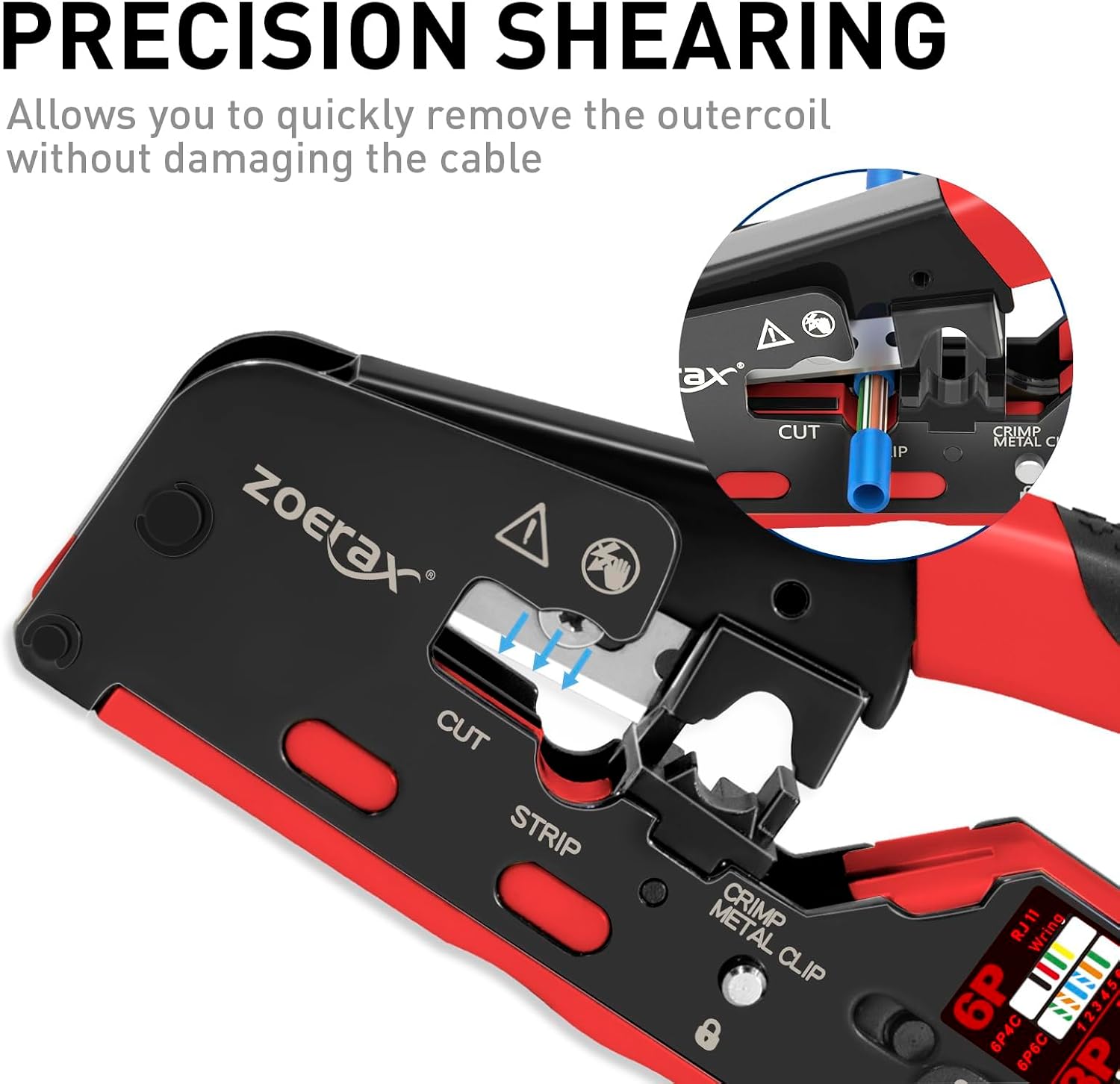 Close-up of the crimping tool's precision shearing mechanism, showing how it cuts the cable jacket without damaging internal wires.