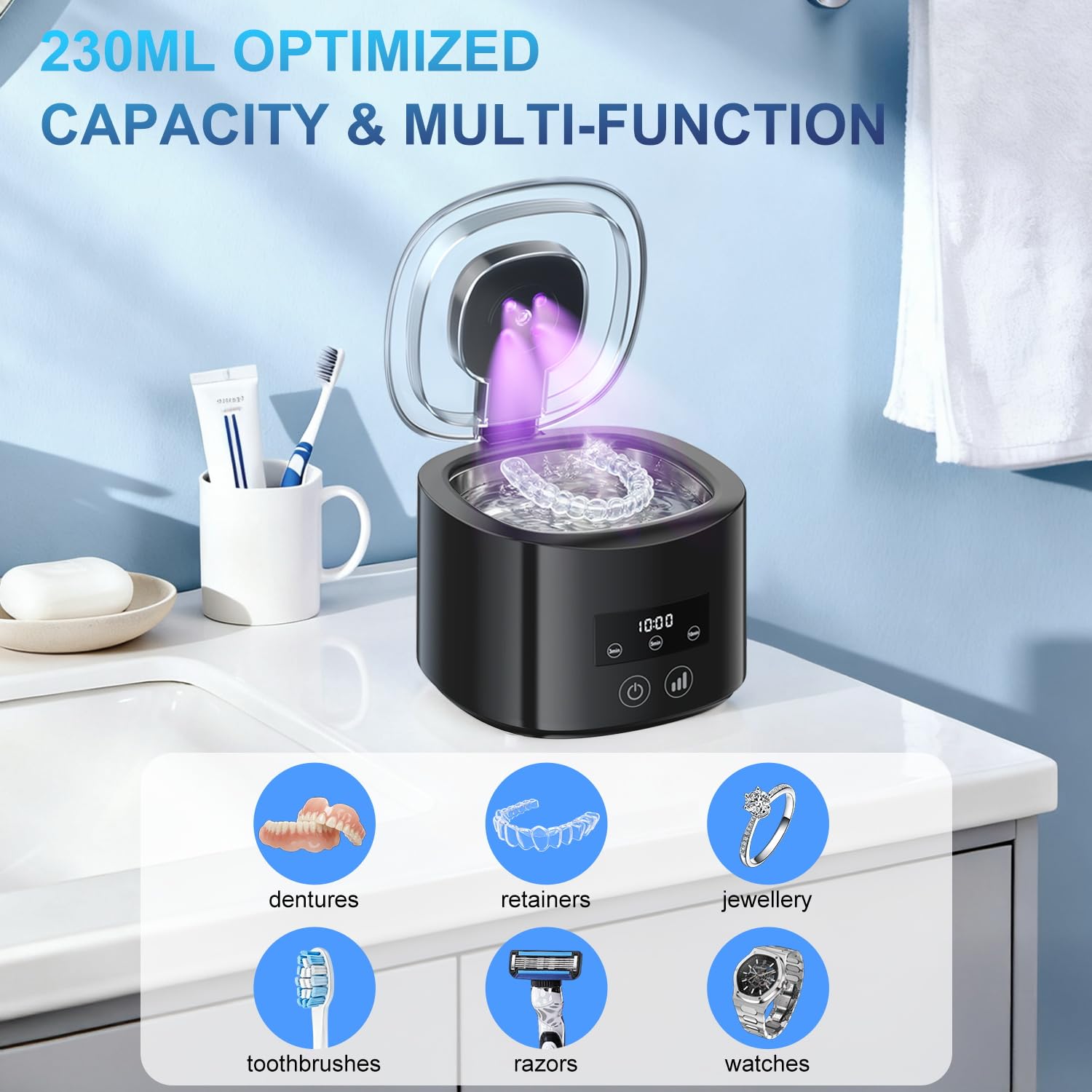 Pulitore Ultrasuoni,50000Hz Lampada UV Pulitore Ultrasuoni,230ML Clean Pod 4 Modalità Per Protesi, Allineatori, Apparecchi Ortodontici, Testine Di Spazzolini, Gioielli,Nero