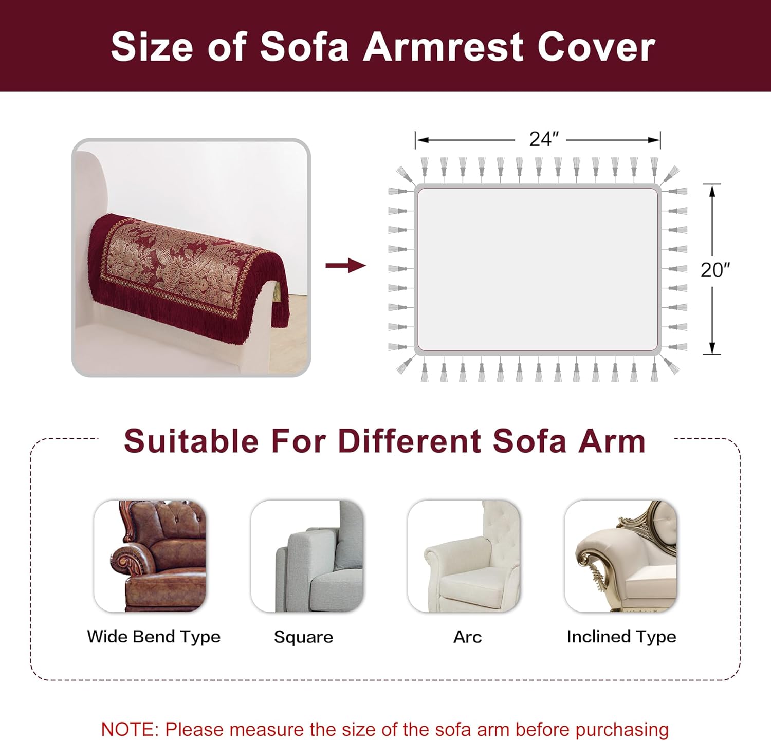 Loom and Mill Luxury Sofa Armrest Covers Set of 2, Classic Damask Thick Chenille Nonslip Couch Arm Cover Furniture Protector with Lace Edge and Tassels for Chair Couch Sofa (Wine Red, 20x24 inch)