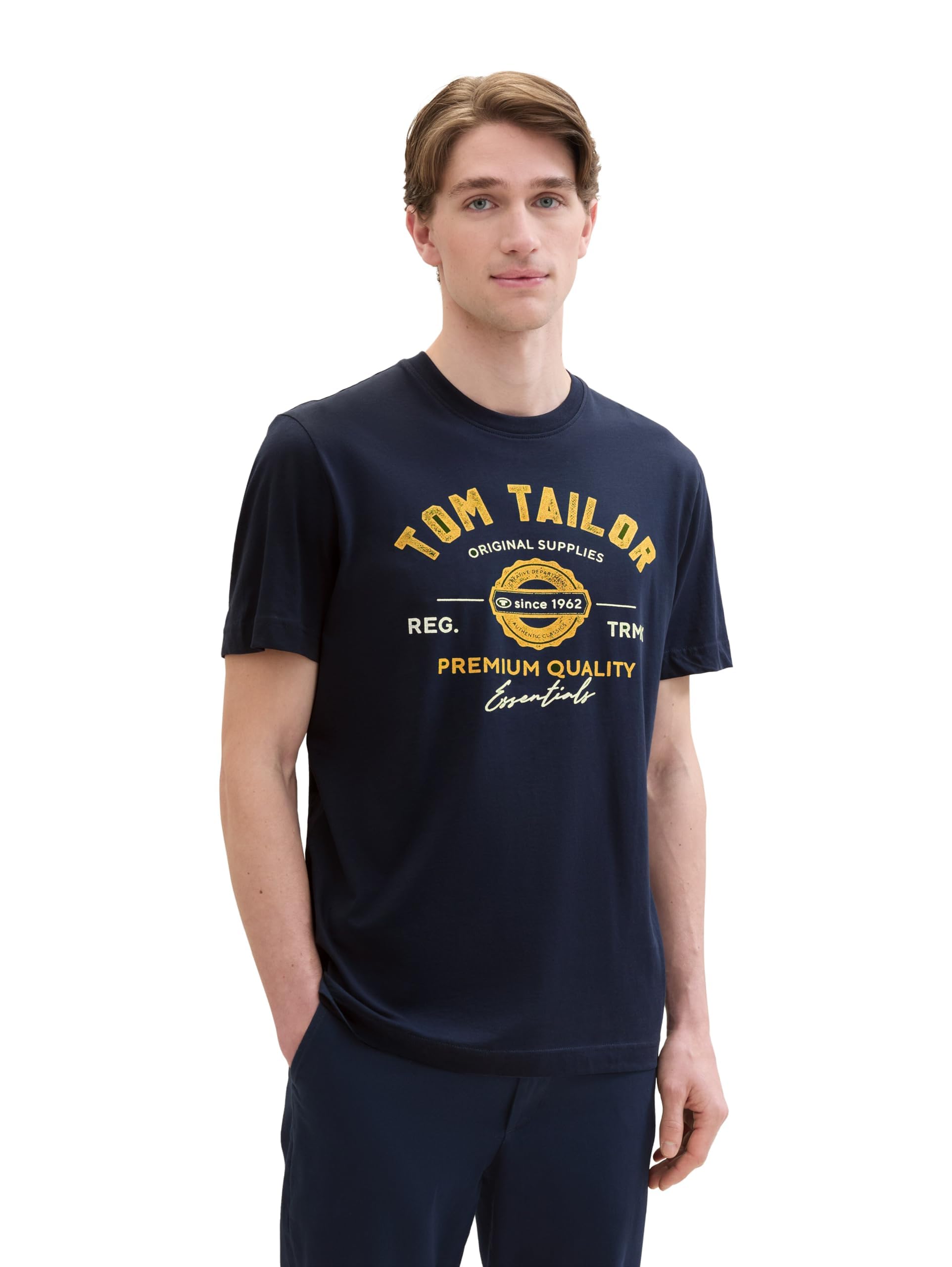TOM TAILOR Herren T-Shirt mit Logo-Print aus Baumwolle, Dark Blue, S