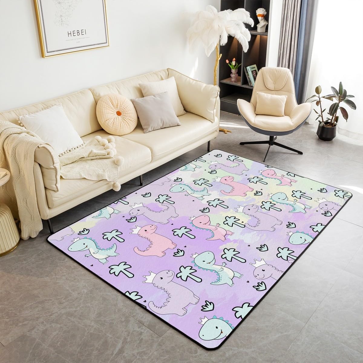 Erosebridal Dinosaur Area Rug 5'x7', Kawaii Dinosaur Carpet for Kids Girls Boys Teens Gift Bedroom Decor, Cartoon Cute Animals Decorative Rug Mat,Palm Leaf Accent Rug Set, Green Purple Pink