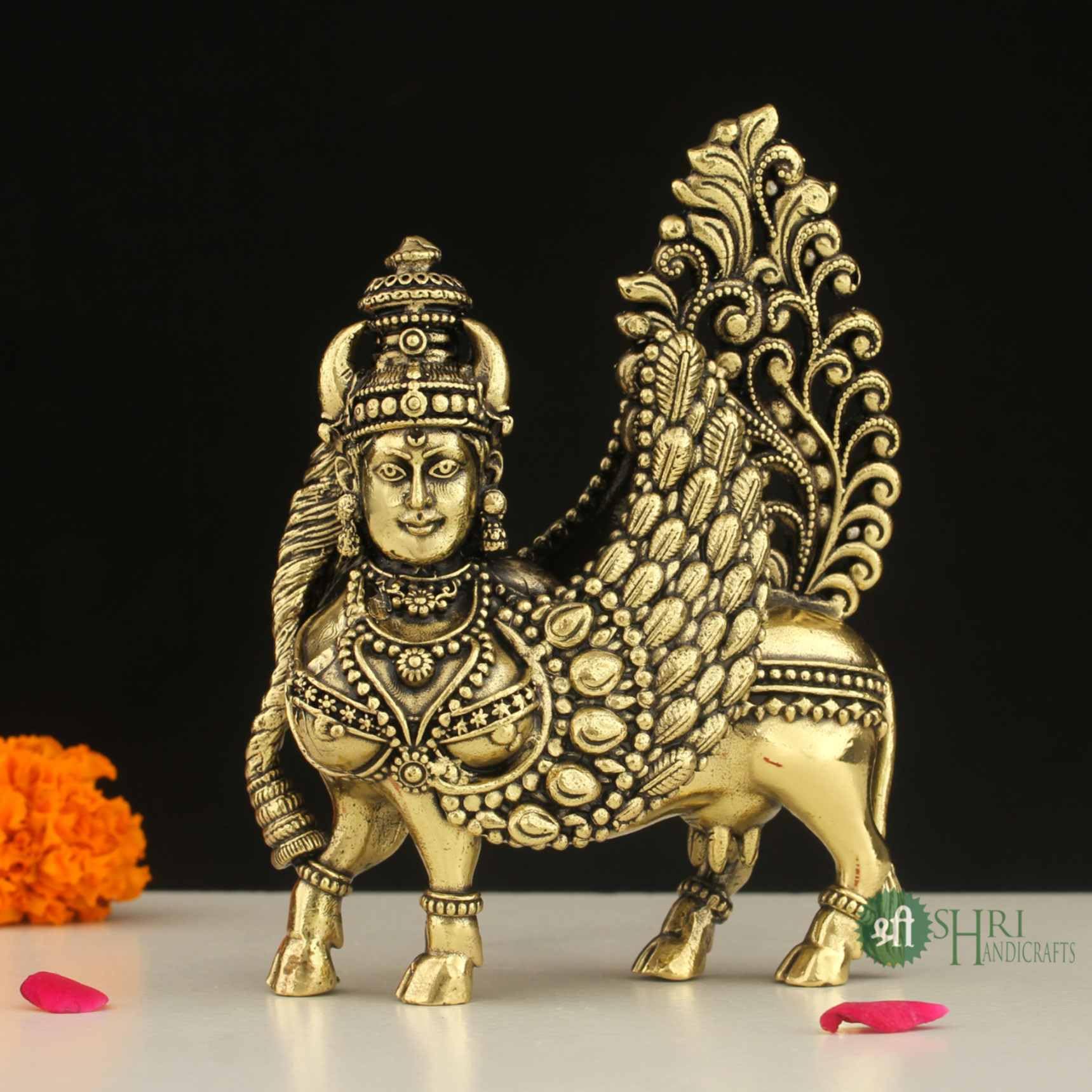INDICAST Handcrafted Brass Cow with Calf for Good Luck | Kamdhenu Gau MATA Idol Spiritual Vastu Nandi Pooja Figurine Sculpture for Home and Office