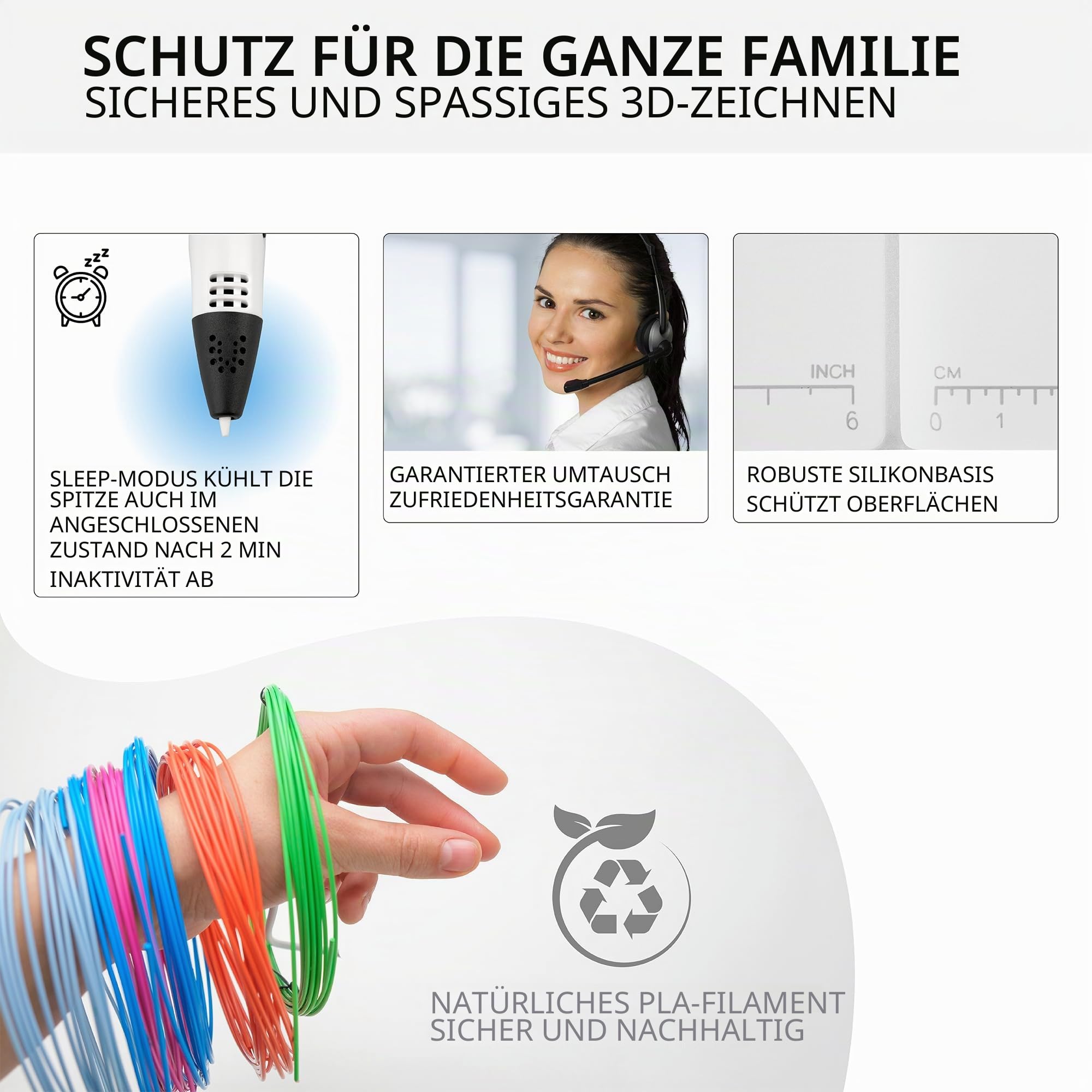 3D-Stift Inspire Labs, Kreativität und Spaß für Kinder und Erwachsene mit sicherem Abschalten, Silikonbasis, automatischer/manueller Modus, 70 M PLA-Filament (14 Farben) + Anleitung auf Deutsch