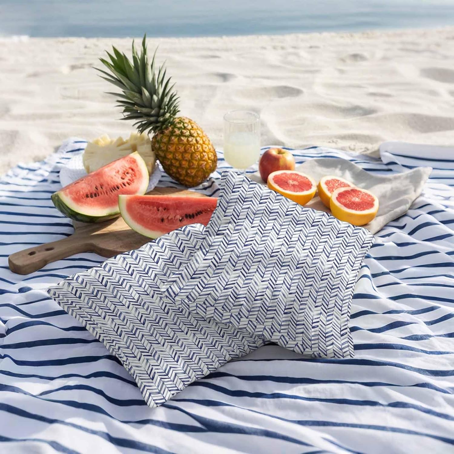 Blue Geometric Outdoor Pillow Covers 26x26 Inch Throw Pillow Covers Set of 2 Waterproof Decorative Pillow Cases Watercolor Chevron Abstract Cushion Covers for Patio Furniture Garden Couch Sofa