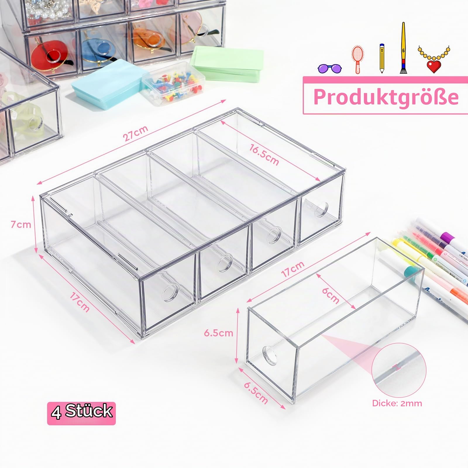 4 Stück Schubladenorganizer mit 16 Fächern Schubladenbox Stapelbar Schreibtisch-Organizer mit Herausnehmbarer Schublade Aufbewahrungsbox Multifunktion für Schreibwaren, Mark, Büro,Sonnenbrille