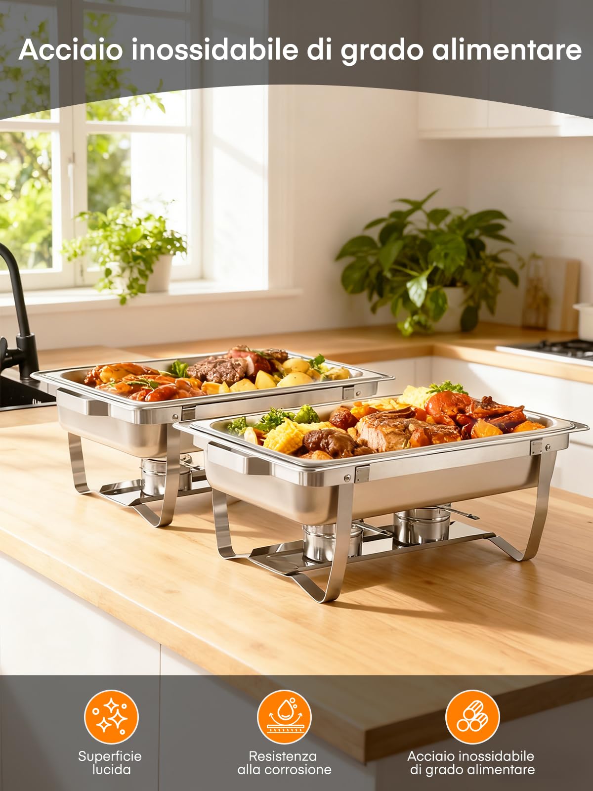 Scaldavivande per Buffet in Acciaio Inox, 4 Pezzi Chafing Dish Buffet, 9L Scaldavivande Rettangolare con Coperchio, per Catering, Feste, Buffet, Matrimoni (2×GN1/1+2×GN1/2+4×GN1/4)