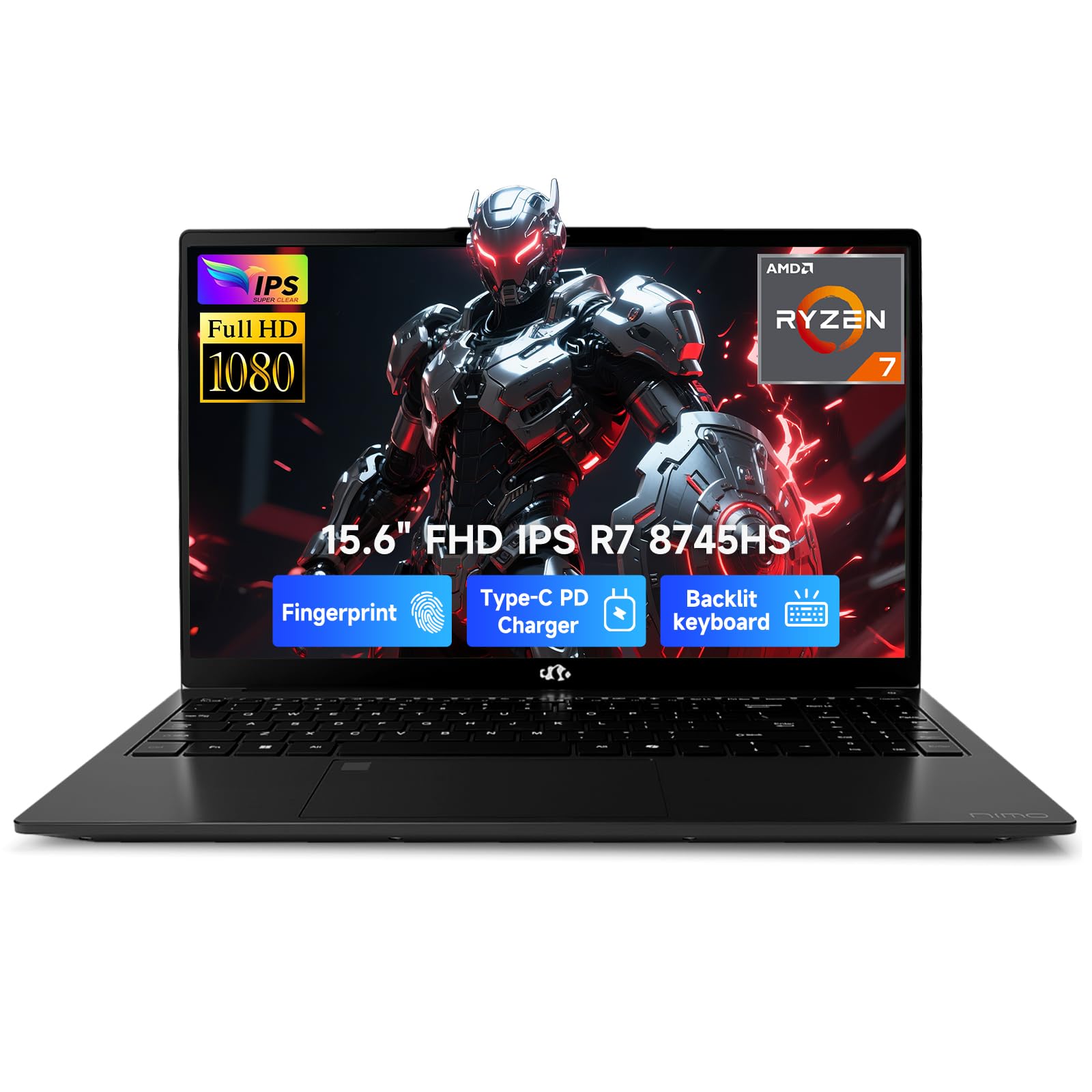 NIMO 15.6" IPS FHD-Gaming-Laptop, 8 Cores AMD Ryzen 7 8745HS 16GB DDR5 RAM 512GB SSD (up to 4.9GHz Beat R9 7940HS) Radeon 780M-Graphics, 100W Type-C