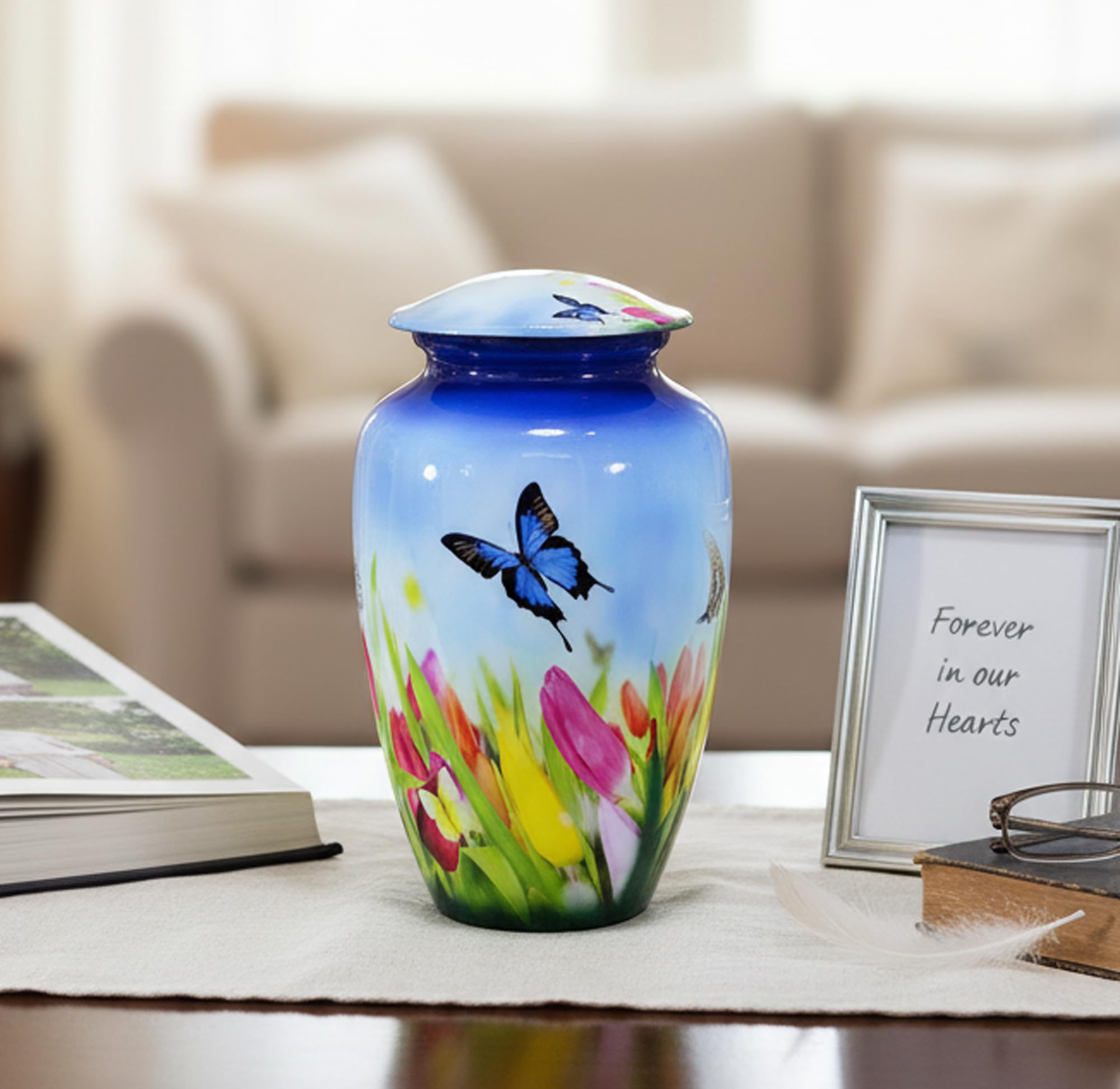 eSplanade Urne funéraire en métal | Urne funéraire taille normale pour cendres funéraires | Imprimé papillon avec fleurs | Bleu – 25,4 cm