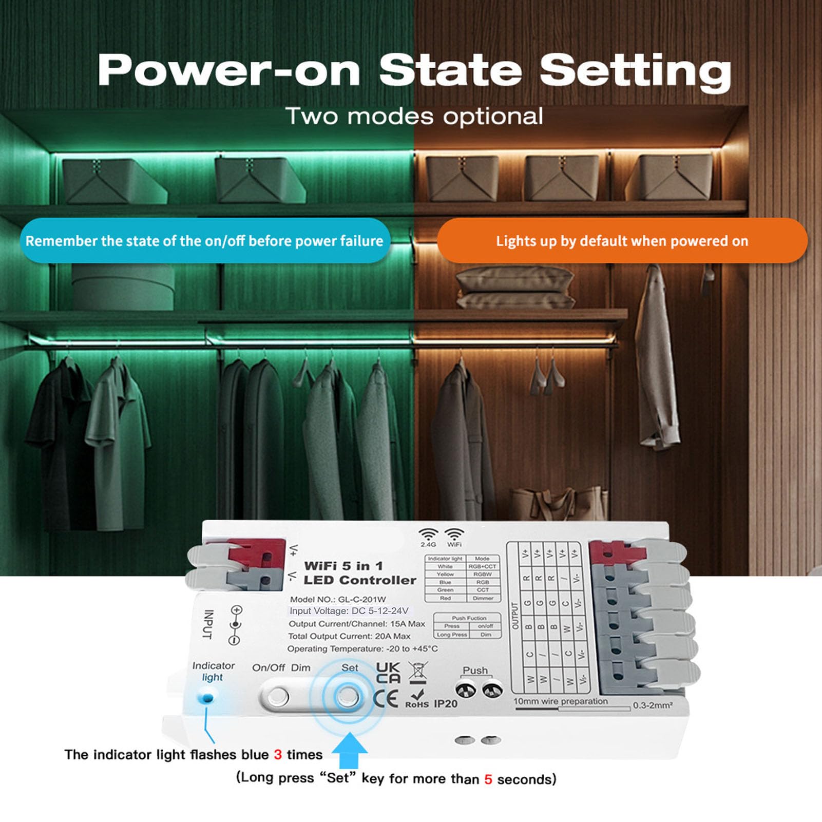 Controller Luce LED Smart WiFi Bluetooth Lampada Striscia 5 in 1 RGBCCT RGBW Dimmer 20A per Illuminazione Personalizzata