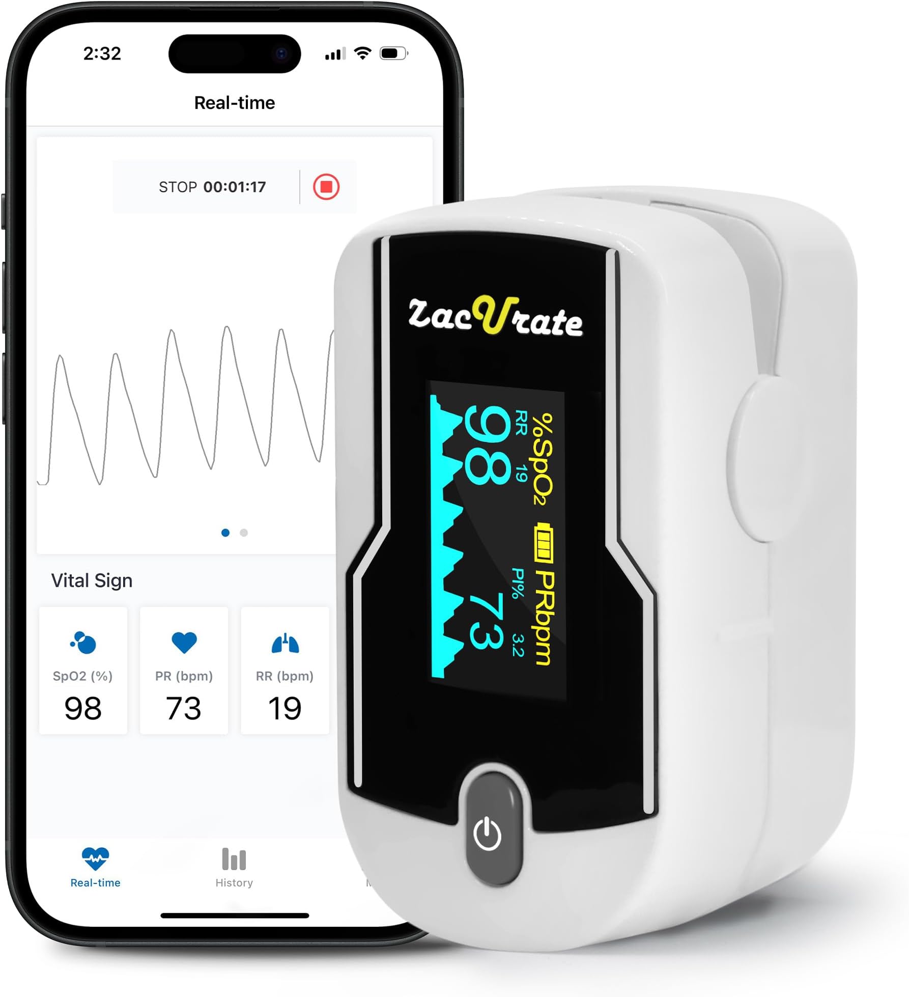 500E-B Wireless Bluetooth Fingertip Blood Pulse Oximeter Monitor with FREE App, SpO2, Heart Rate, Plethysmograph, and Perfusion Index Finger Oxygen Sensor Meter
