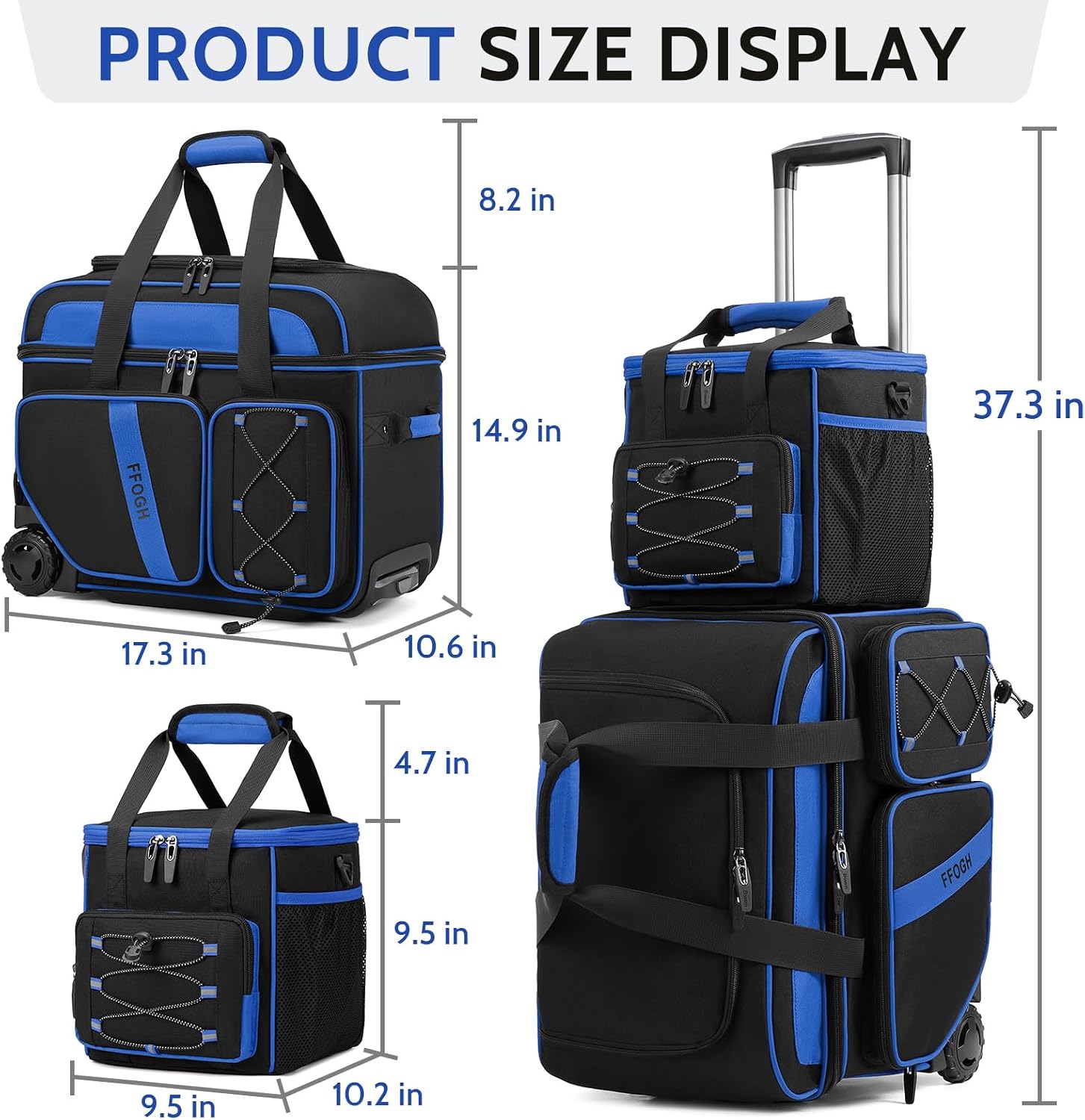 3 Ball Bowling Bag with Wheels, 2+1 Bowling Ball Bags Double Roller with Single Bowling Tote for Accessories, Multi-Pockets & Shoe Compartment (Fits Up to Size 15)