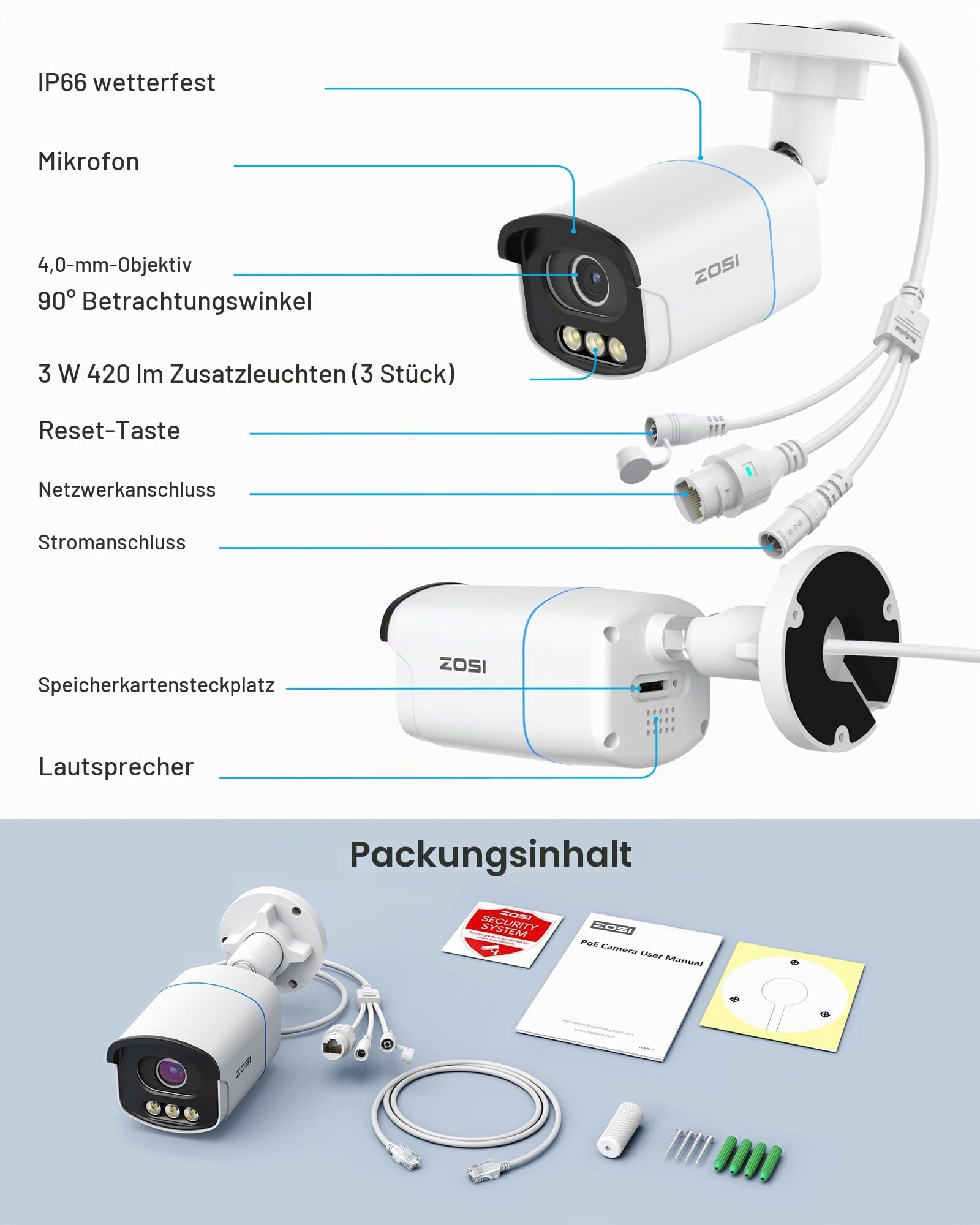 ZOSI 5MP 3K PoE Überwachungskamera Aussen, PoE Outdoor IP Kamera | mit Echt Vollfarbnachtsicht, F1.0 Große Blende, Personen-/Fahrzeugerkennung, 2-Wege-Audio, AuroraLux C186