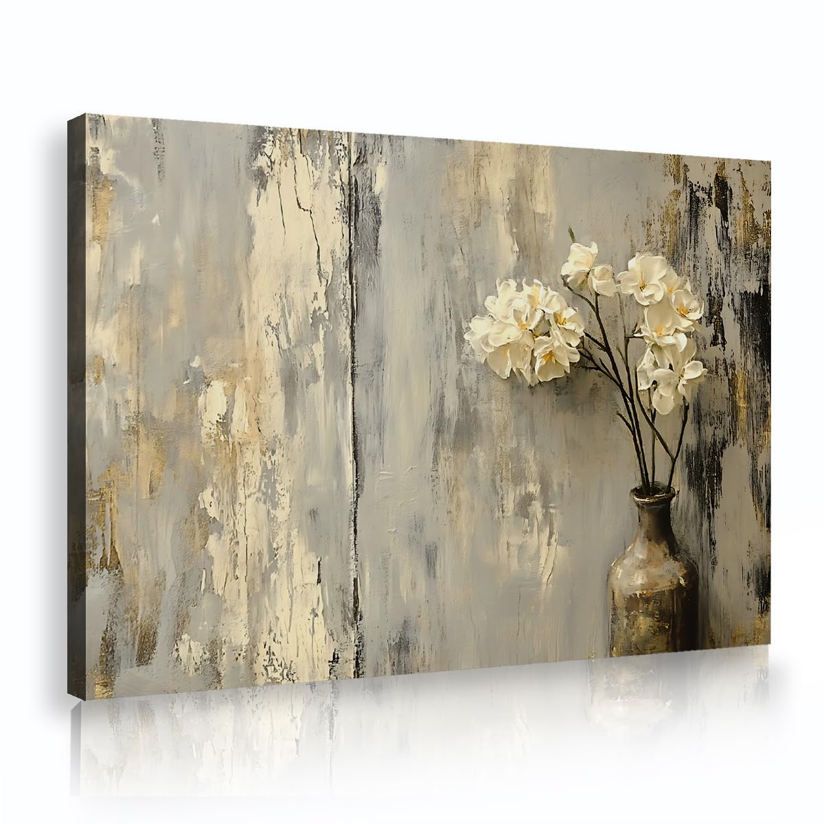 CHERHERART Láminas de oro elegantes en flor blanca Fotos de cartel moderno abstracto floral Arte mural neutro de lujo para el salón Dormitorio 70x100cm Estructura interior