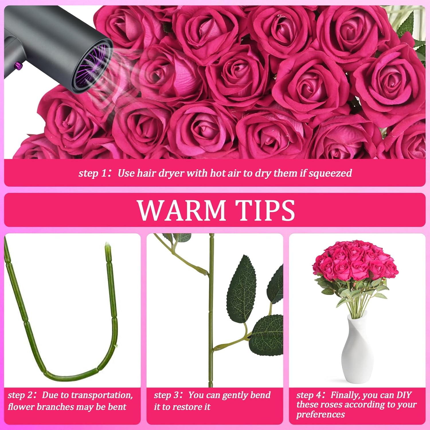 30pcs Silk Roses Artificial Flowers Hot Pink Fake Rose with Long Stem for Arrangement Wedding Party Home Decoration - Image 3