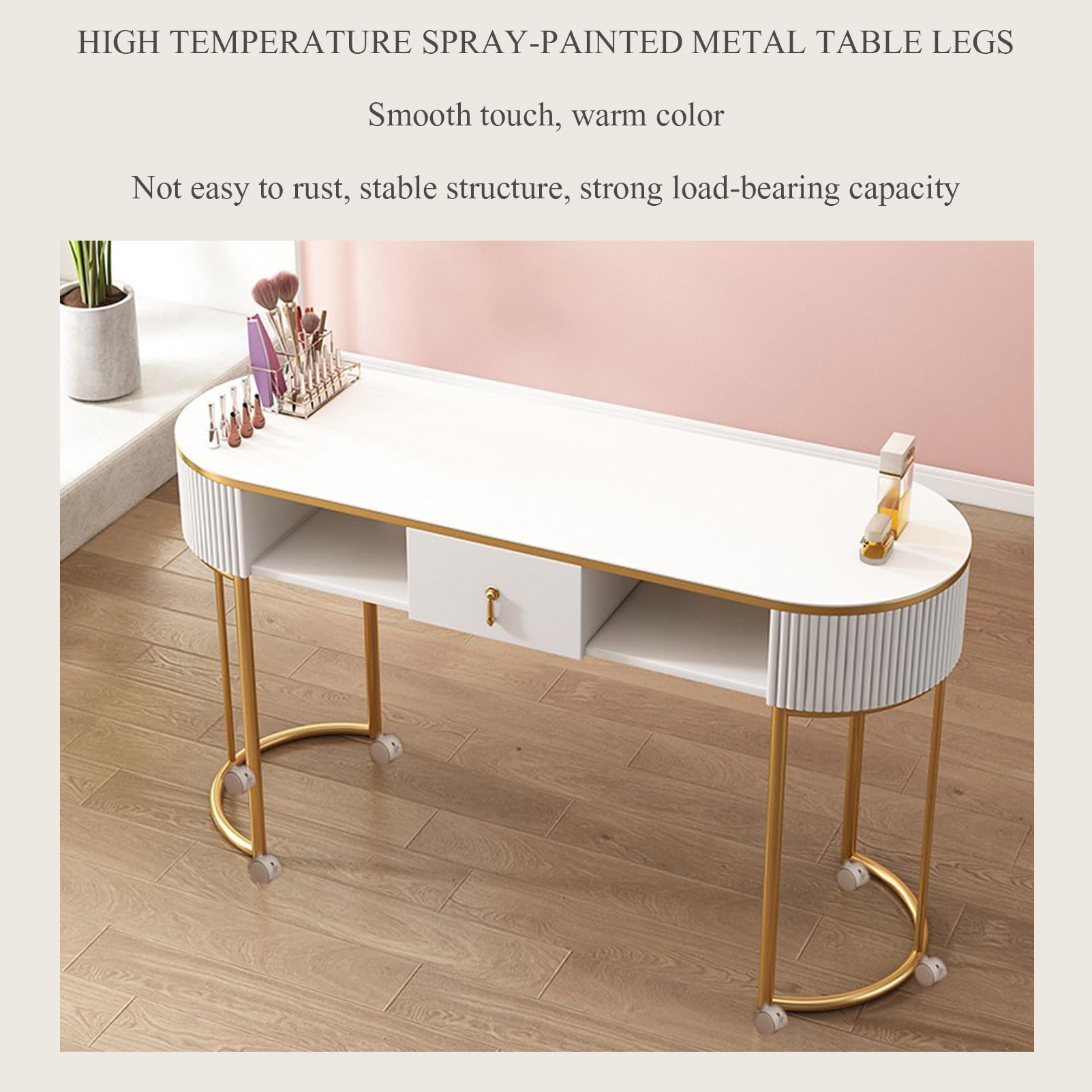 Moderne Nail Tech Maniküre-Tischstation mit Schubladen und Regalen. Professioneller Nagelschreibtisch aus Holz für Schönheitssalon oder Spa. Feststellbare Rollen und Glasplatte für die Handpflege de