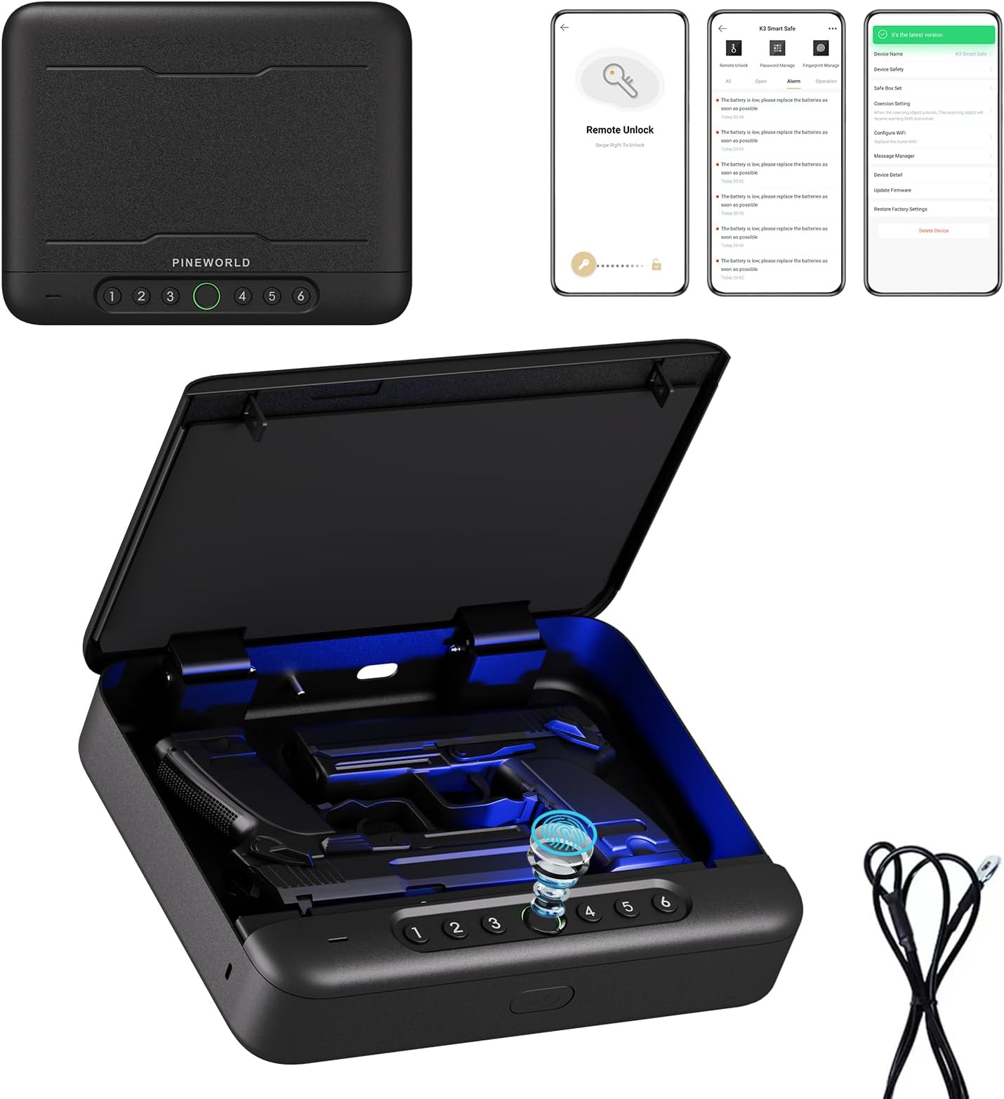 Biometric Gun Safe For Handgun, 4 Quick-Access Unlock APP|Fingerprint|Passcode|Key with Voice Prompt,Pistol Locker For Nightstand/Office/Car, Remote Control