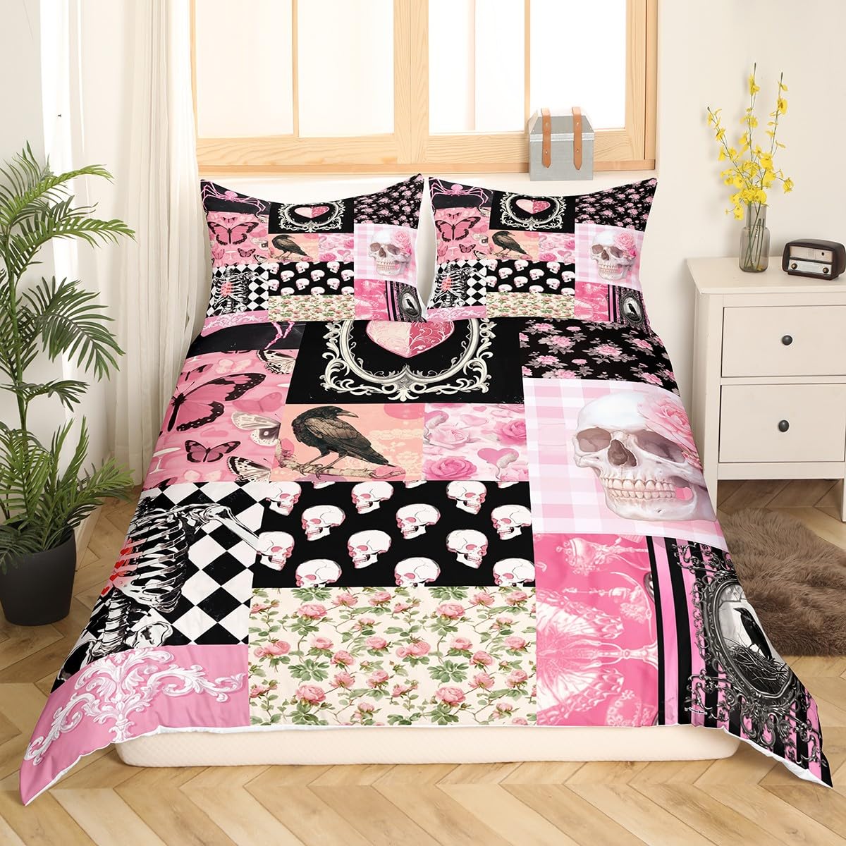 Halloween Crow Duvet Cover Set Queen Size,Suger Skull Rose Flowers Spider Print Bedding Set,Patchwork Pink Black Grid Striped Comforter Cover,Gothic Boho Quilt Cover Kids Girls Teens Halloween Decor