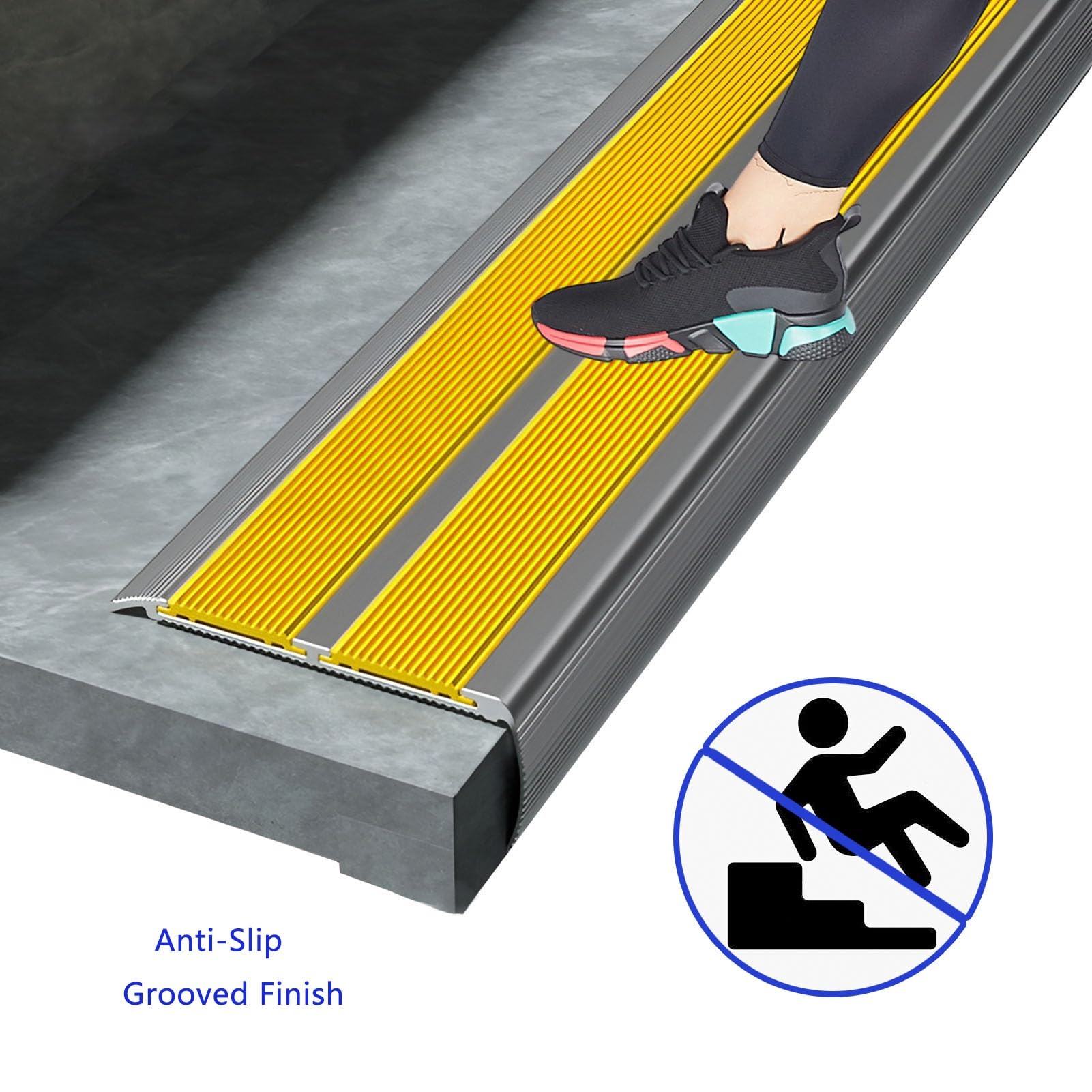 Perfil de borde para escaleras autoadhesivo de 100/134 cm, perfil angular de aluminio en forma de L con goma antideslizante, para exteriores e interiores(Gray,9.6x3x150cm)