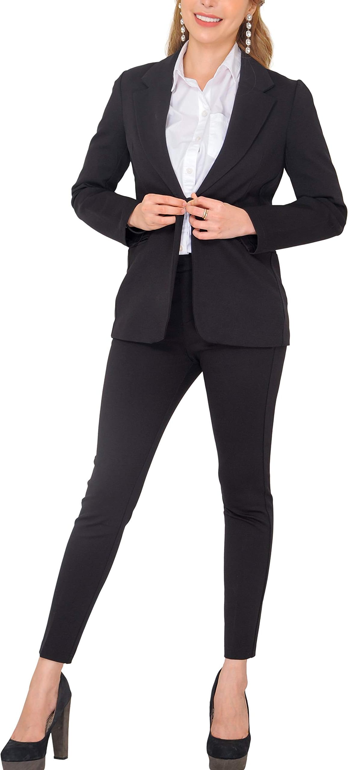 MarycraftsWomen's Business Blazer Pant Suit Set for Work, Black, 8