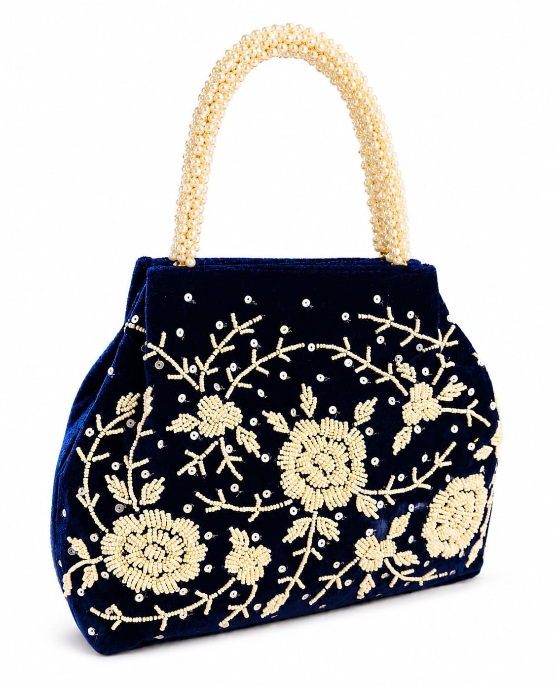 Women's Velvet Pearl Beaded Potli Handbag | Designer Ethnic Tote Bag for Wedding, Party & all occasion.(Nevy Blue)-image-33