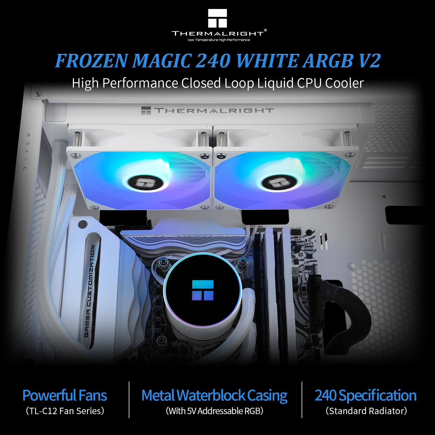 TR FM Blanco ARGB V2 Enfriador de procesador líquido 240 filas PWM ARGB 120 mm, para AMD/AM4/AM5 Intel LGA1150/1151/1200/2011/1700/1851