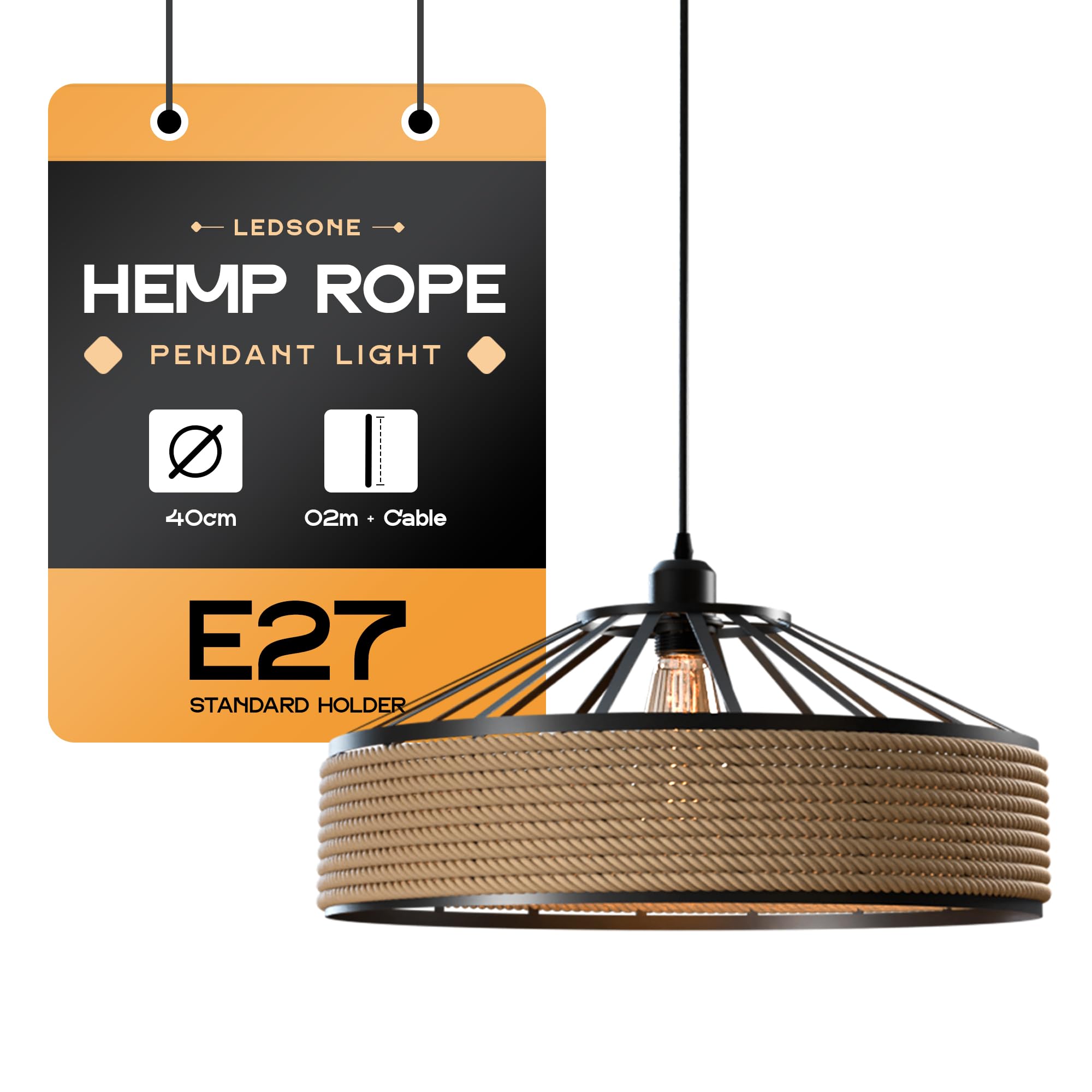 LEDSone Black Hemp Rope Pendant Light Shade 40cm, Retro Industrial Ceiling Light with 2m Adjustable Cable & E27 Fitting, Metal Lampshade for Kitchen, Dining Room, Bedroom