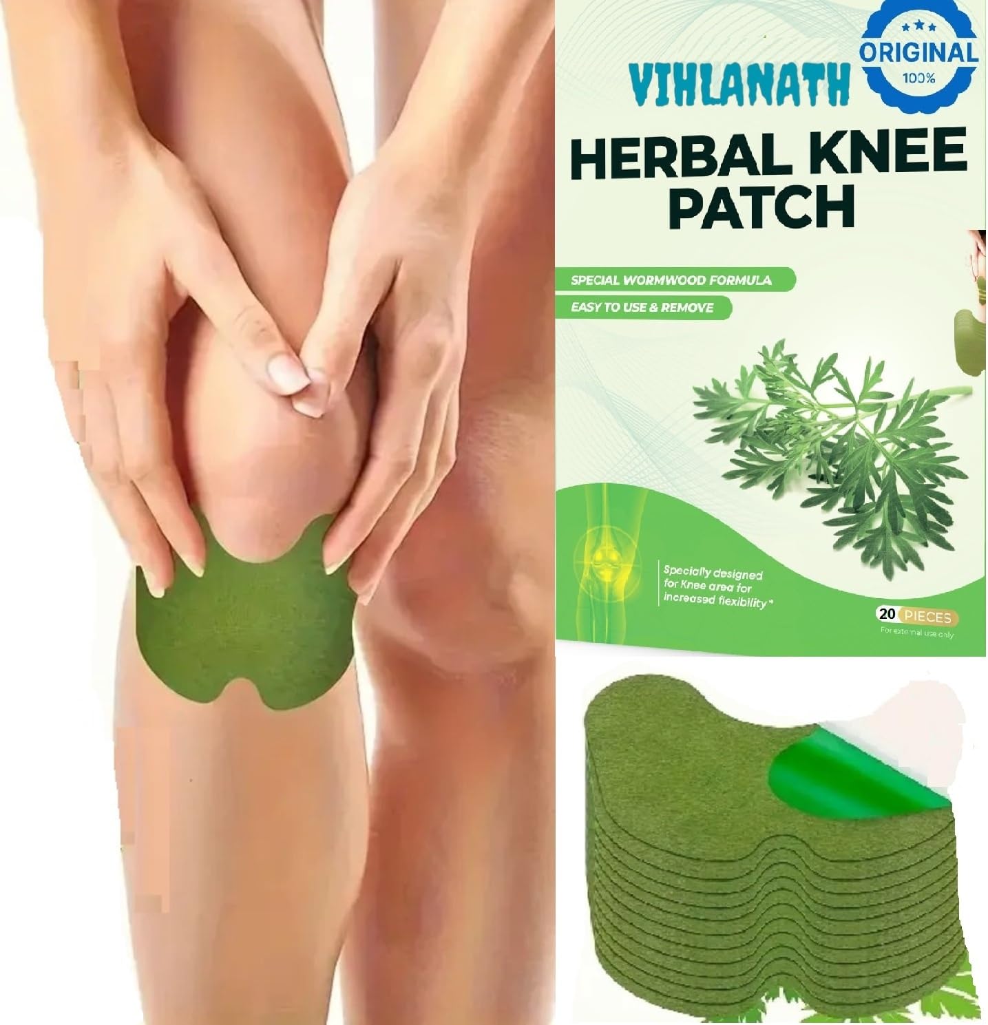 VIHLANATH Knee Pain Relief Patches,Pack Of 20 Wormwood Leaves Dried Ginger Camphor Borneol Natural Herbal Patches, Sticker 12-Hour Relief Of Joint Pains Patch For Knee, Back, Neck, Shoulder Pain