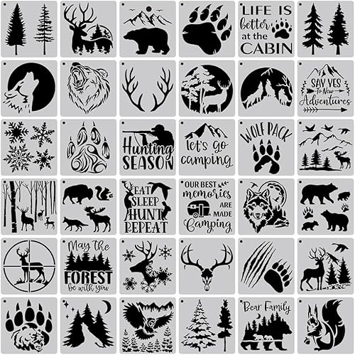 KyeeaDIY 36 plantillas de pintura de animales, plantillas de árbol reutilizables, plantillas de bosque de montaña, osos, lobos, ciervos, plantillas