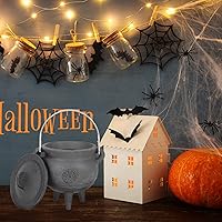 Vista 6 de DOITOOL Caldero de hierro fundido con tapa y asa, caldero de bruja de Halloween, olla de bruja negra para manchar, quemar incienso, decoración