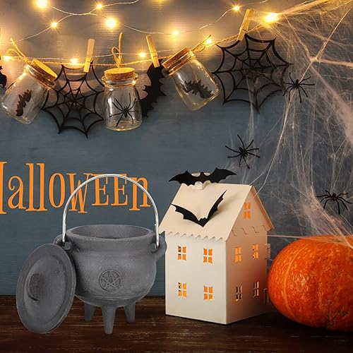 Miniatura 6 de DOITOOL Caldero de hierro fundido con tapa y asa, caldero de bruja de Halloween, olla de bruja negra para manchar, quemar incienso, decoración de