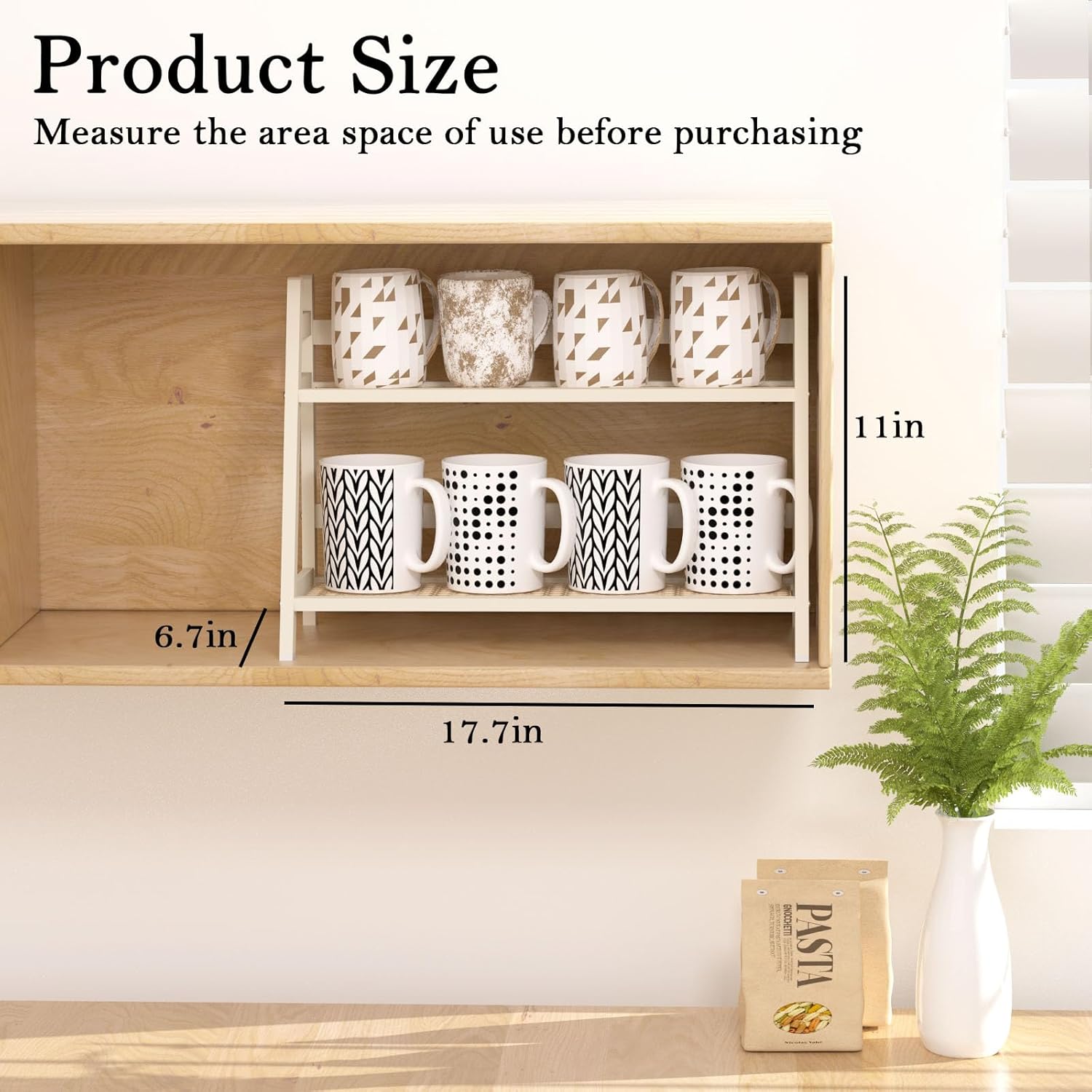 Wicker-Look Coffee Station Organizer, Bamboo Mug Holder Countertop, Kitchen Counter Shelf for Tea Coffee Bar Accessories, Matcha Stand, Cup Display, Condiment Storage Rack, 2 Tier, White Off-white image 3 of 6 B0FC2YYMJK