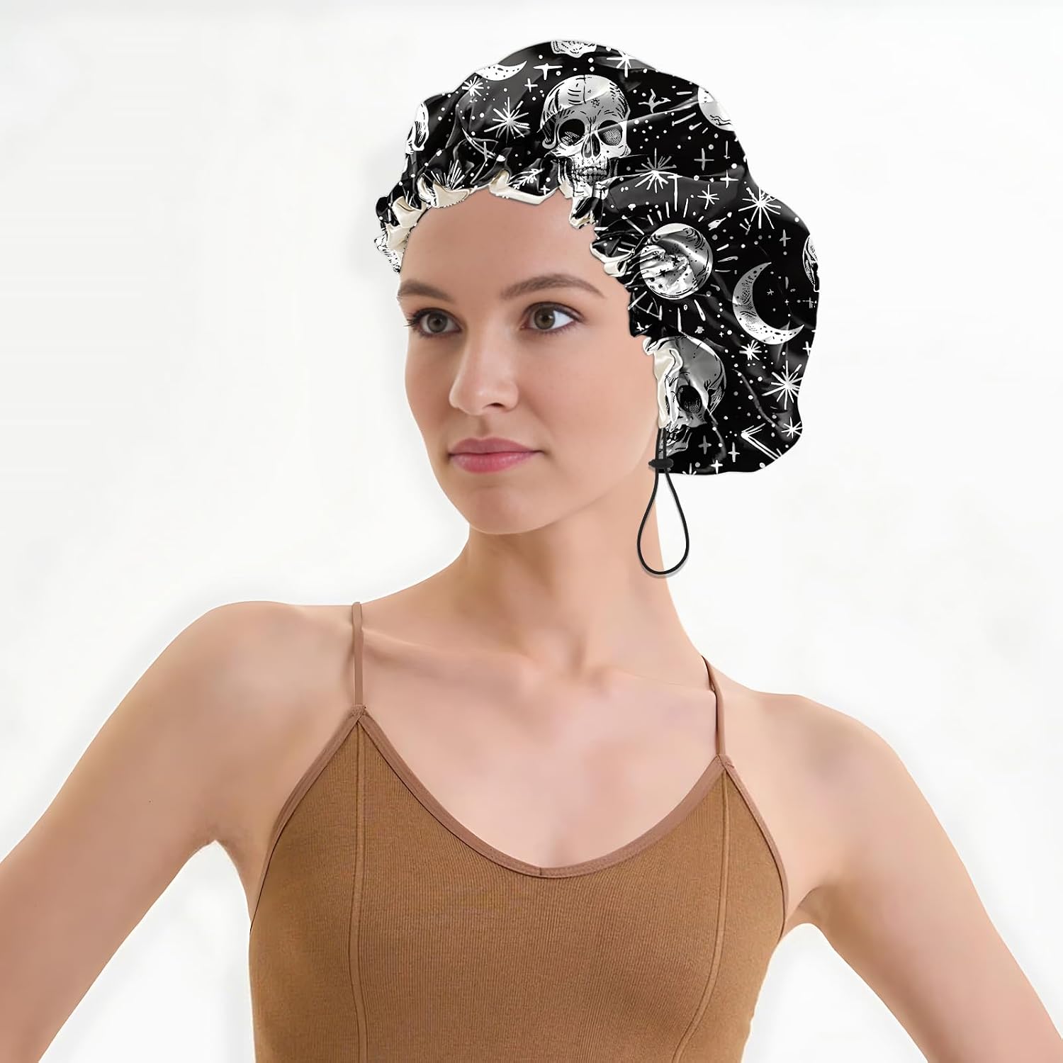 Luxury Shower Cap Satin Lined Reusable Waterproof Double Layer Elastic Adjustable Hair Bath Cap Cute Aesthetic Women Girlss-Skull