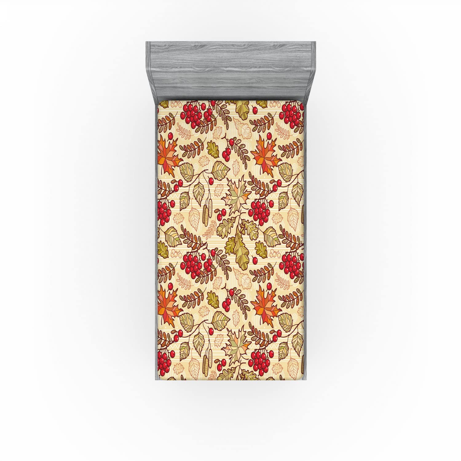 Ambesonne Rowan 2 Pack Fitted Sheet, Fall Themed Mixed Pattern, Bed Cover All-Round Elastic Deep Pockets 2 Pieces, Package Contains 2 Twin Size Fitted Sheets, Ruby Beige