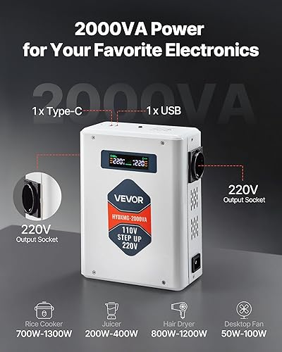 Miniatura 2 de VEVOR Convertidor de Voltaje Elevador, 2000VA, Convertidor de Potencia de Voltaje Resistente, Transformador de Potencia de 110V a 220V, con 2
