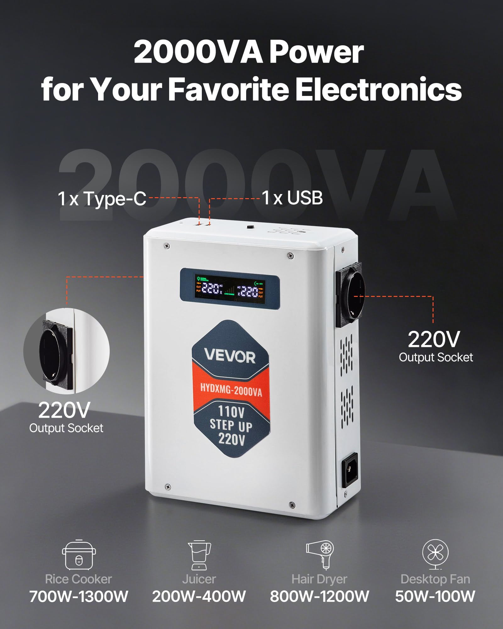VEVOR Convertidor Elevador de Voltaje 2000 VA, de 110 V a 220 V, con 2 Tomas de Corriente de la UE, Salida USB, Pantalla LCD, Protección de Temperatura, para Electrodomésticos de 220 V, Blanco