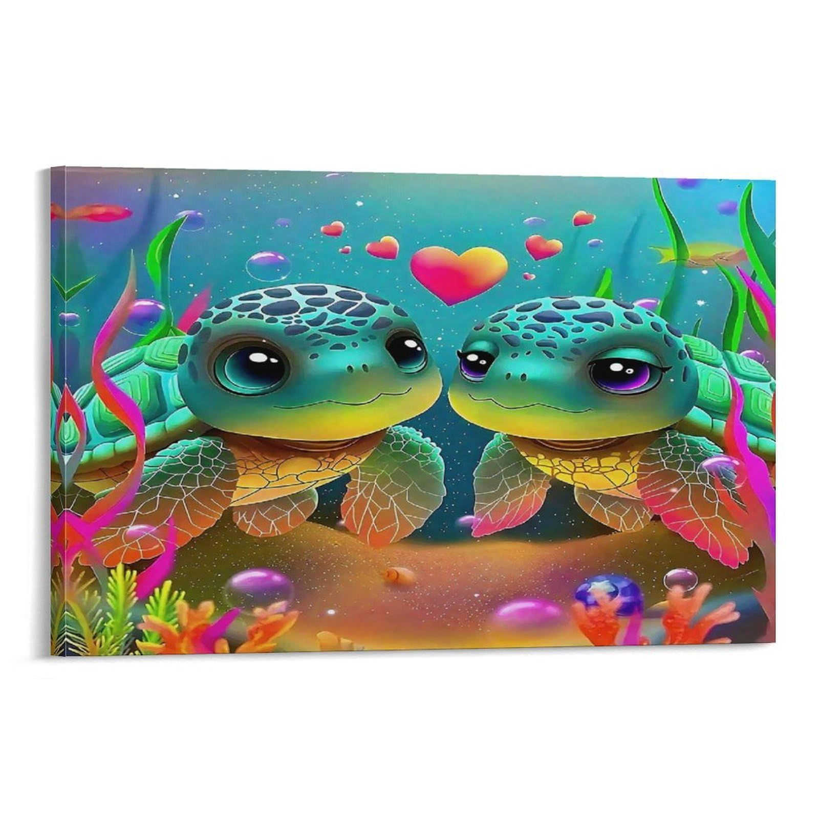 Sea Turtle And Heart-Shaped Beach with Blue Sea And Sky Cute Loving Baby Sea Turtles Underwater Canvas Wall Hanging - Living Room Gallery Wall Focal Point Fade Resistant Decor 16x24inch(40x60cm)