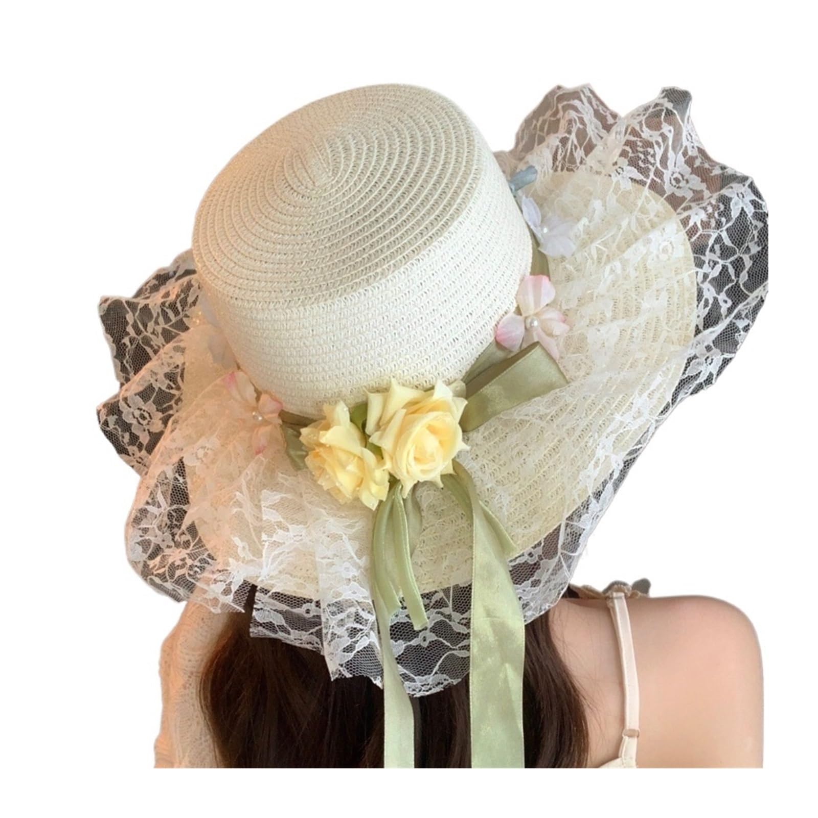 Visiera Estiva da Spiaggia per Cappello da Sole a Tesa Larga in Paglia di Pizzo Floreale