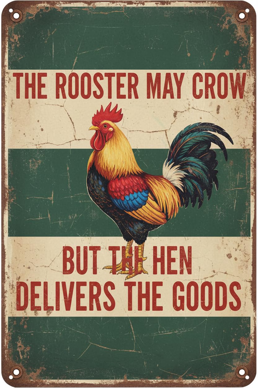 Rooster Kitchen Decor Metal Signs - The Rooster May Crow But The Hen Delivers The Goods Tin Signs For Chicken Kitchen Decor 8"x 12" Vintage Aluminum Plates Printed