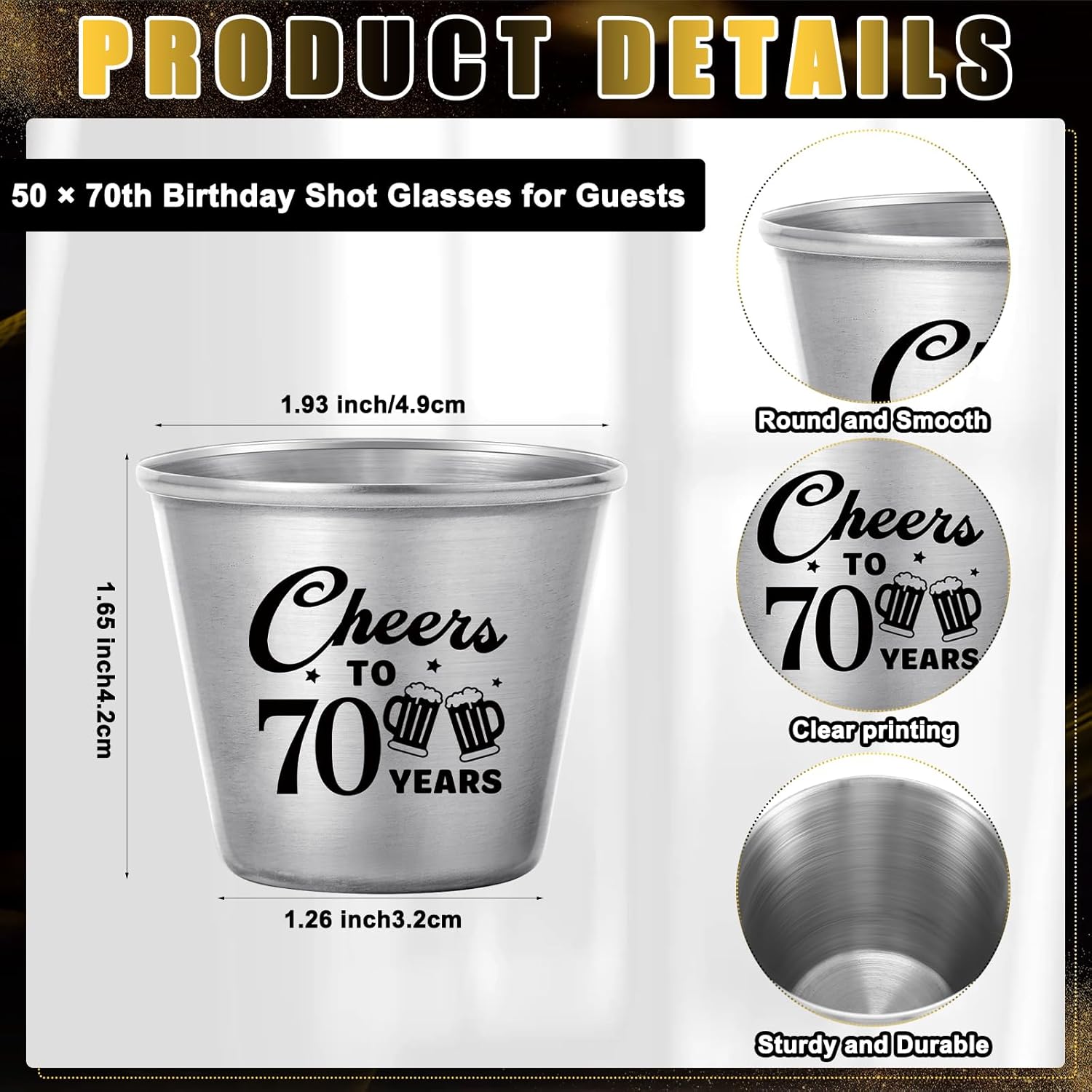50 Set 70th Birthday Party Favors for Guests Souvenir Shot Glasses Cheers to 70 Year Stainless Steel Shot Glasses Thank You Tag Organza Bag Twine Birthday Gift for Anniversary Wedding Shower