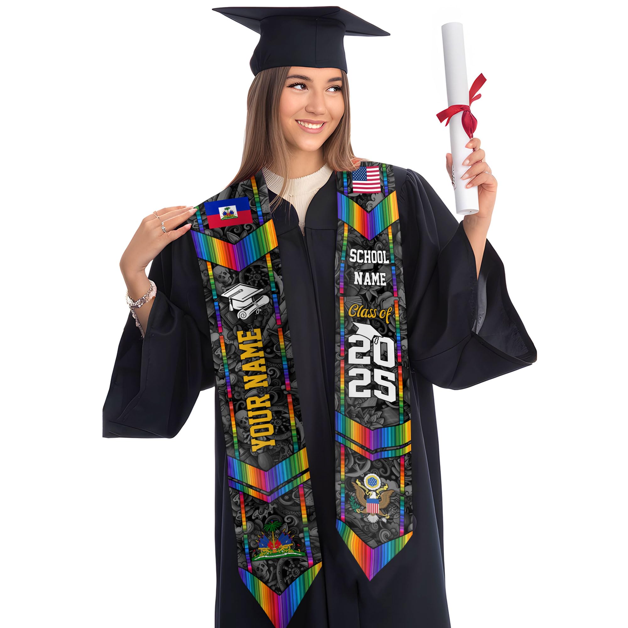 MonkeyVan Personalized Haiti Graduation Stole Sash 2025, Haitians American Flag Graduation Sash, Graduation Stole Haiti Gifts Ht 1